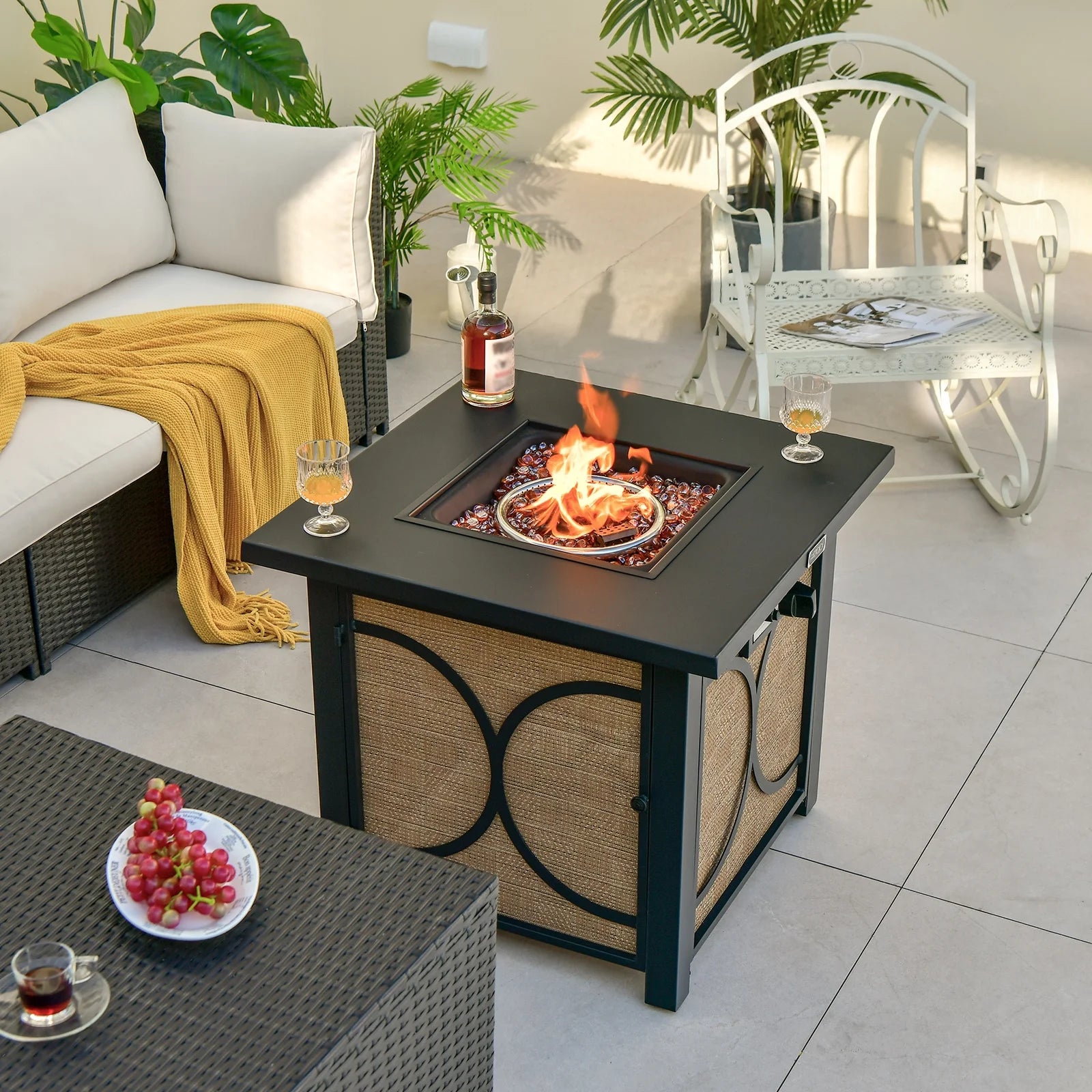 28 Inch Outdoor Square Fire Pit Table 50,000 BTU Propane Gas Fire Table W/ Fire Glasses & PVC Protective Cover