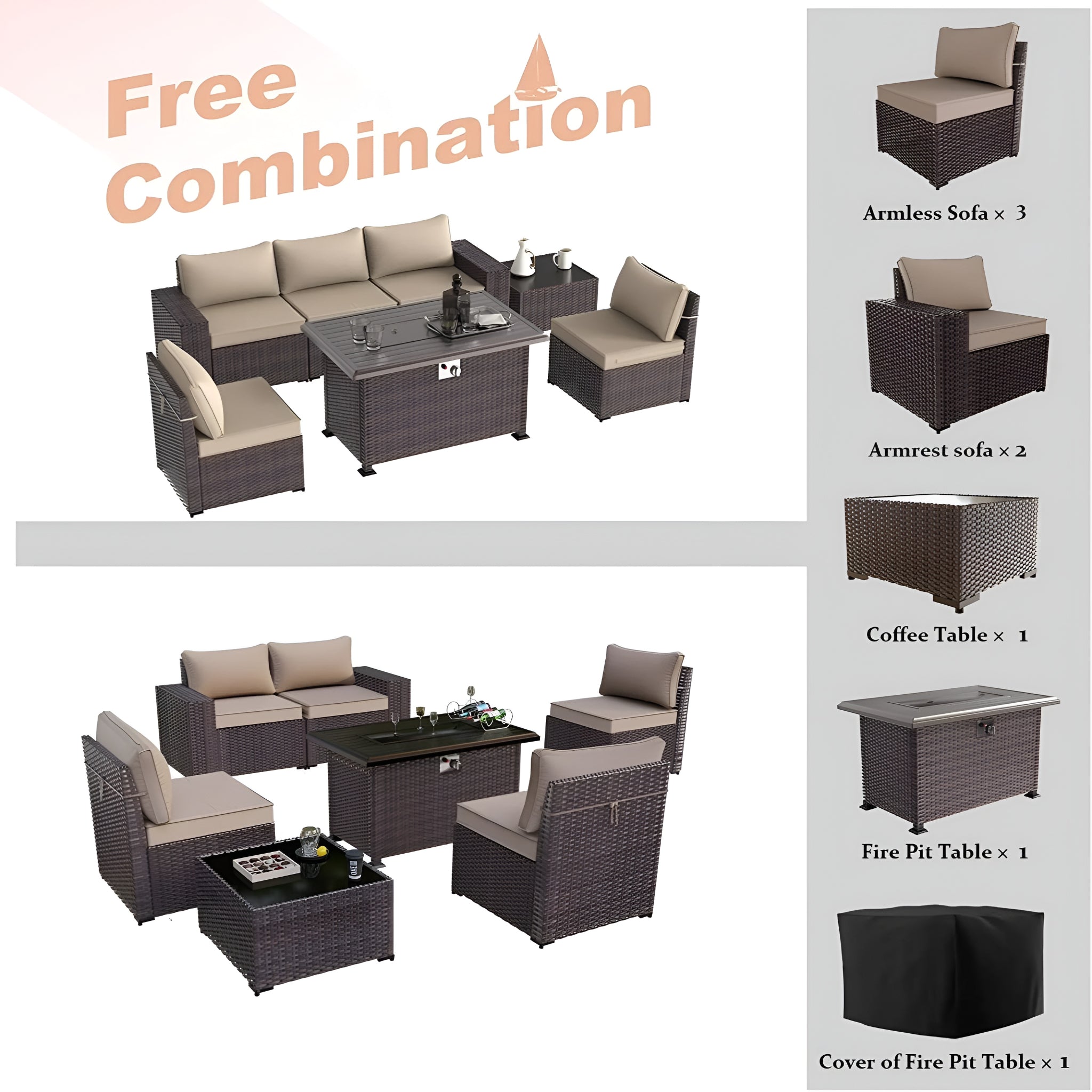 7 Pieces Outdoor Patio Furniture Set with 43" Fire Pit Table Sets Outdoor Furniture Patio Conversation Set (Sand)