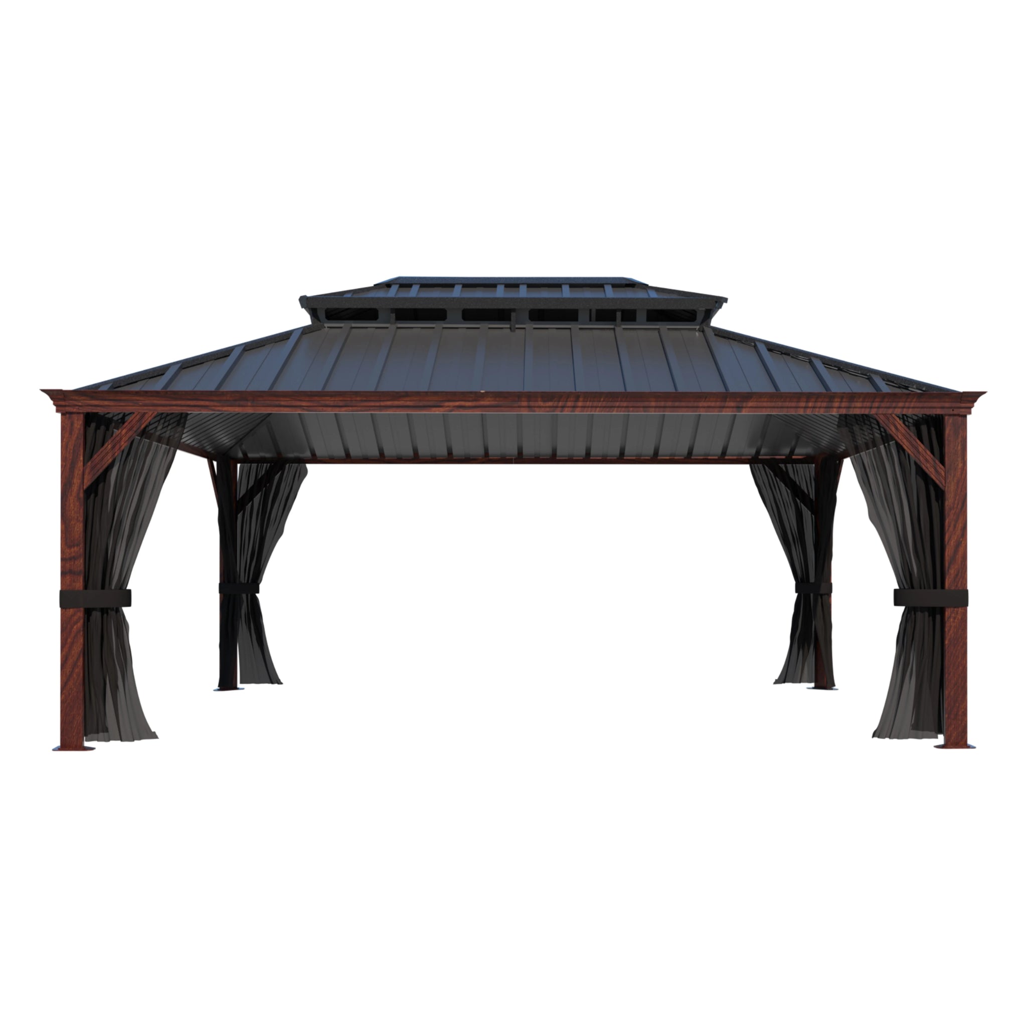 12' X 16' Outdoor Hardtop Gazebo, Wood Grain Gazebo W/Double Metal Roof for Patio, Rustic