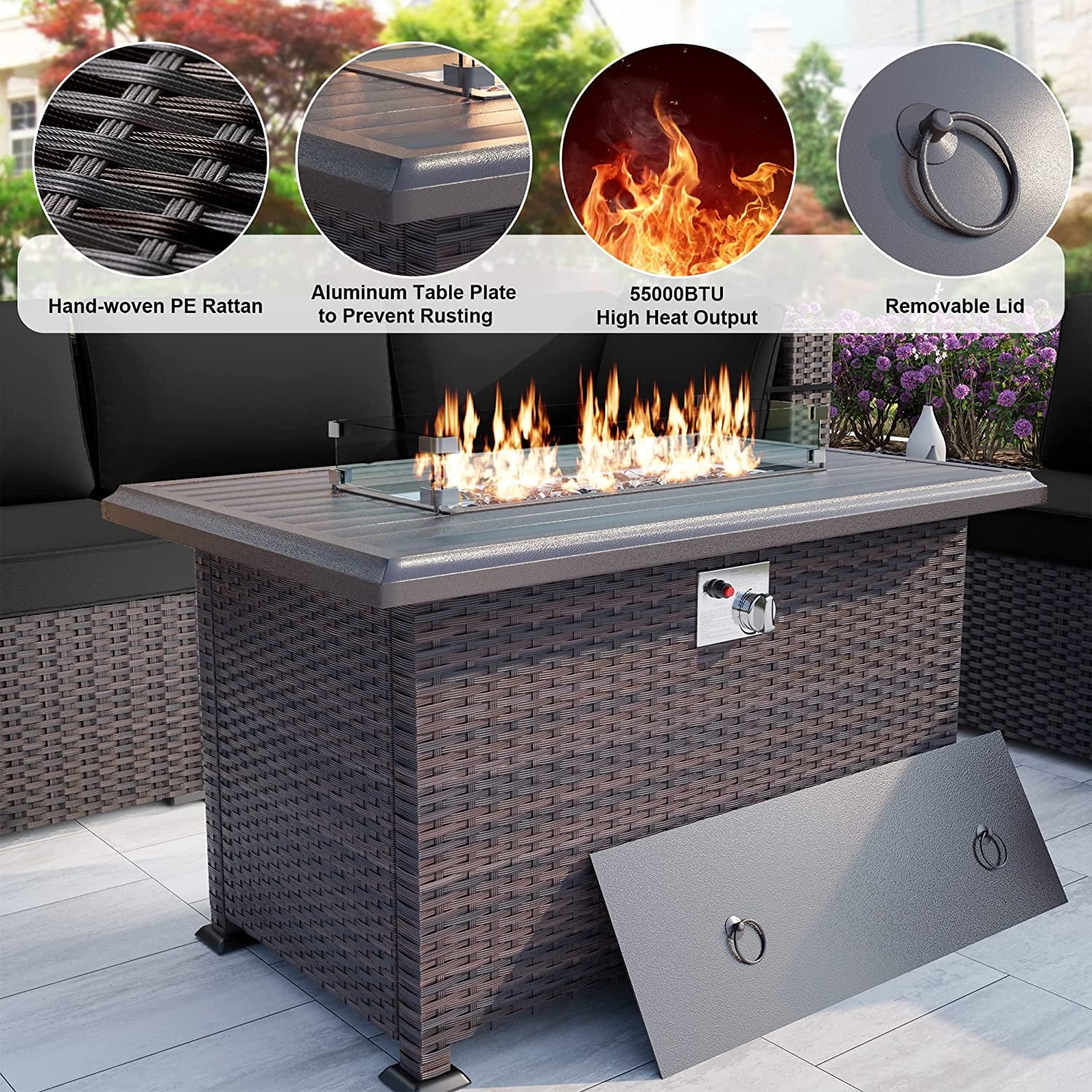 7 Pieces Outdoor Patio Furniture Set with 43" Fire Pit Table Sets Outdoor Furniture Patio Conversation Set (Red)