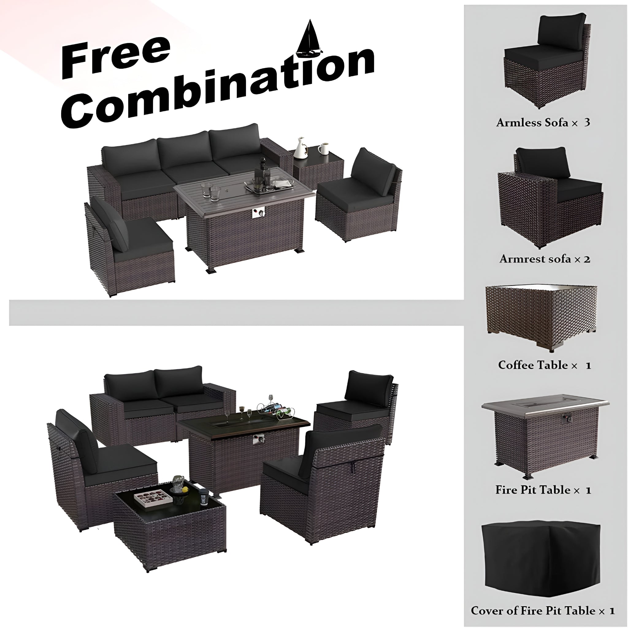 7 Pieces Outdoor Patio Furniture Set with 43" Fire Pit Table Sets Outdoor Furniture Patio Conversation Set (Black)