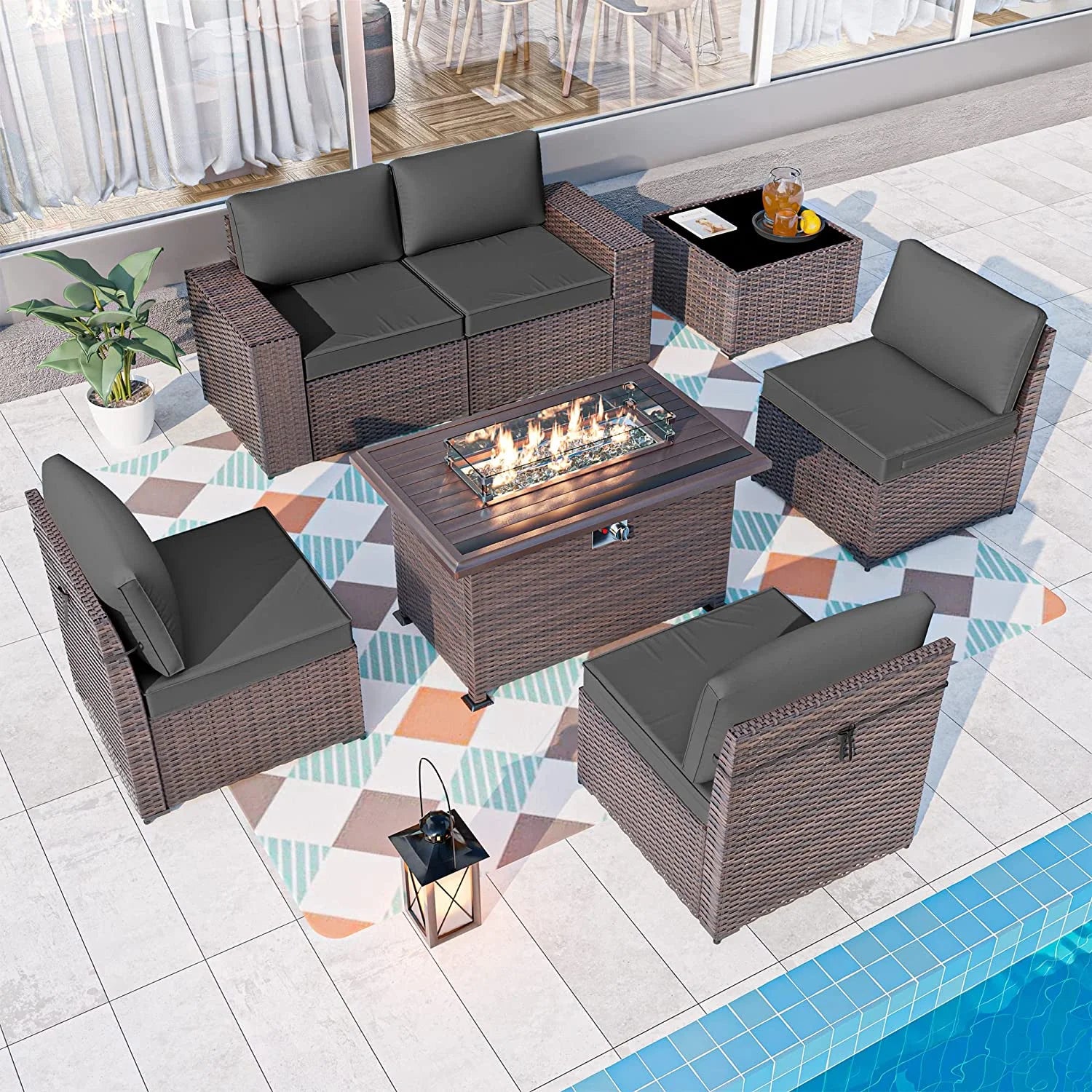 7 Pieces Outdoor Patio Furniture Set with 43" Fire Pit Table Sets Outdoor Furniture Patio Conversation Set (Grey)