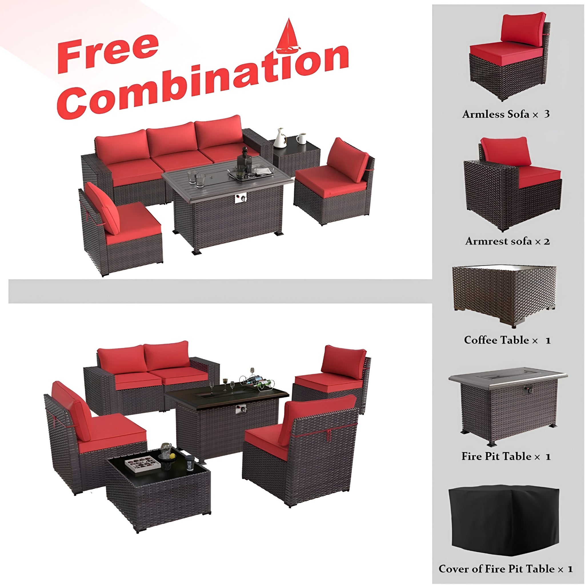 7 Pieces Outdoor Patio Furniture Set with 43" Fire Pit Table Sets Outdoor Furniture Patio Conversation Set (Red)
