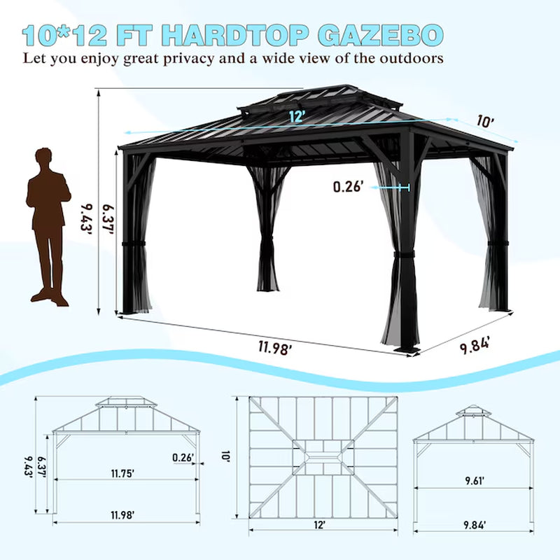 12-Ft X 10-Ft Hardtop Black Gazebo with Hardtop Roof (Screen Included)