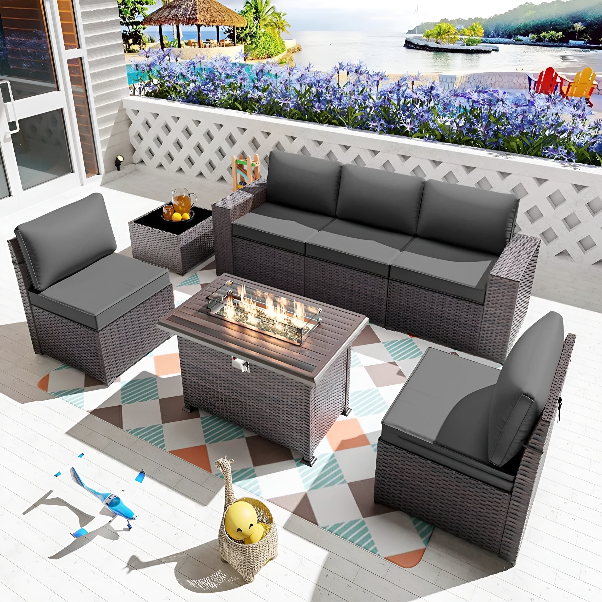 7 Pieces Outdoor Patio Furniture Set with 43" Fire Pit Table Sets Outdoor Furniture Patio Conversation Set (Grey)