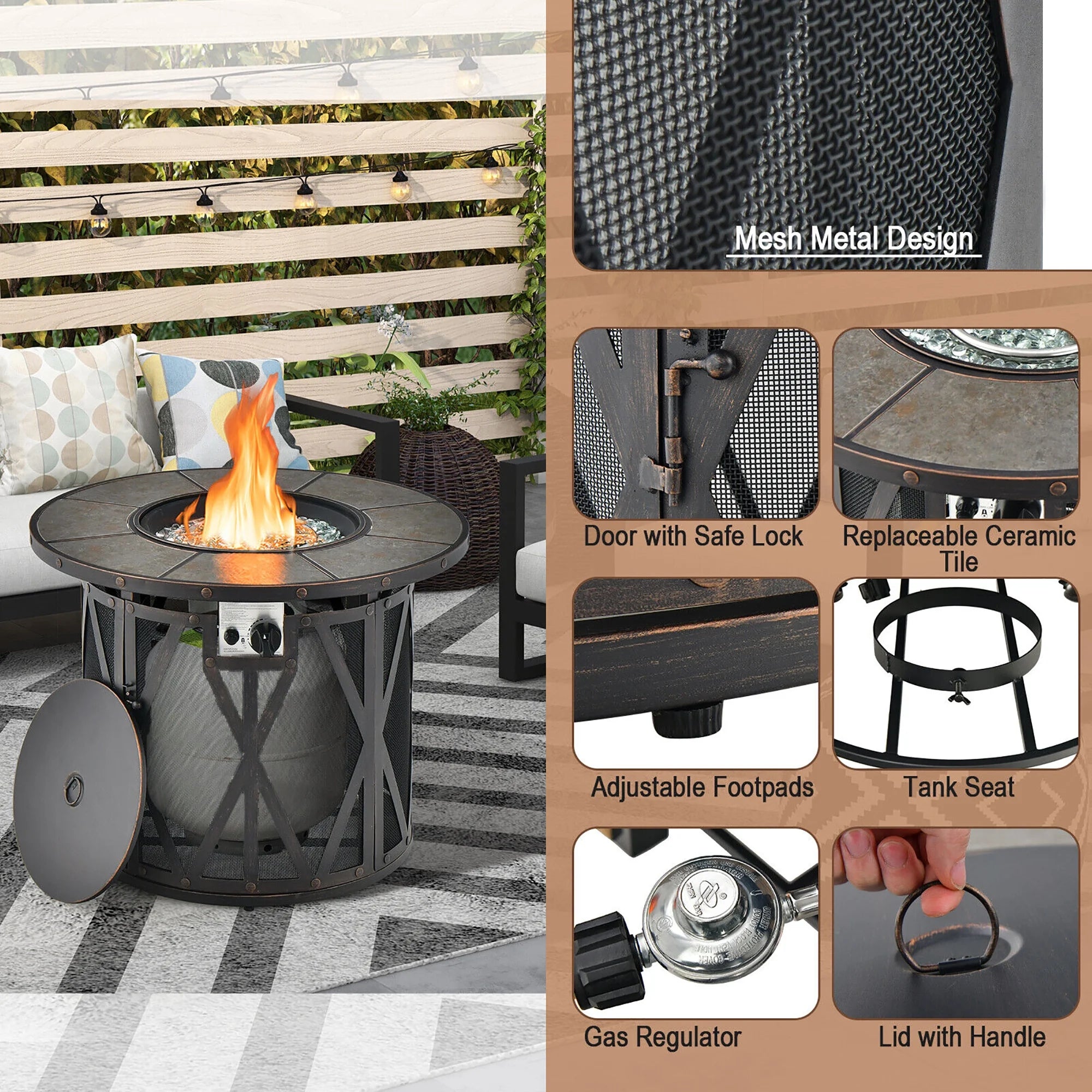 32'' Patio round Fire Pit Table 30,000 BTU Propane Gas Firepit W/ Fire Glasses