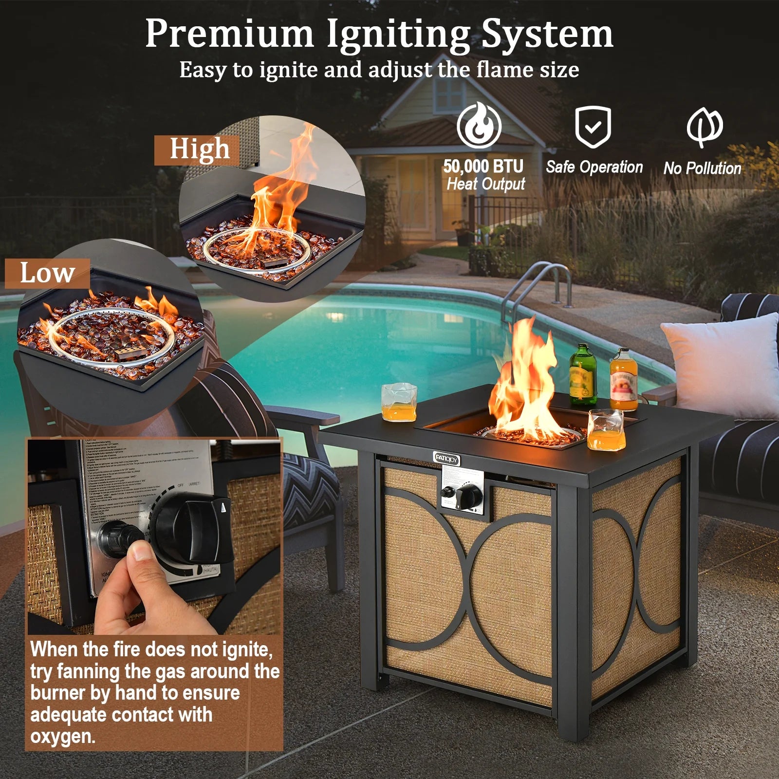 28 Inch Outdoor Square Fire Pit Table 50,000 BTU Propane Gas Fire Table W/ Fire Glasses & PVC Protective Cover