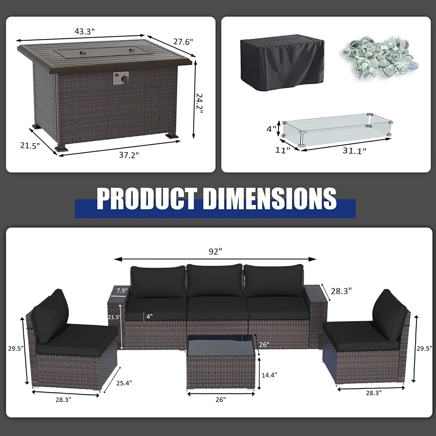 7 Pieces Outdoor Patio Furniture Set with 43" Fire Pit Table Sets Outdoor Furniture Patio Conversation Set (Black)