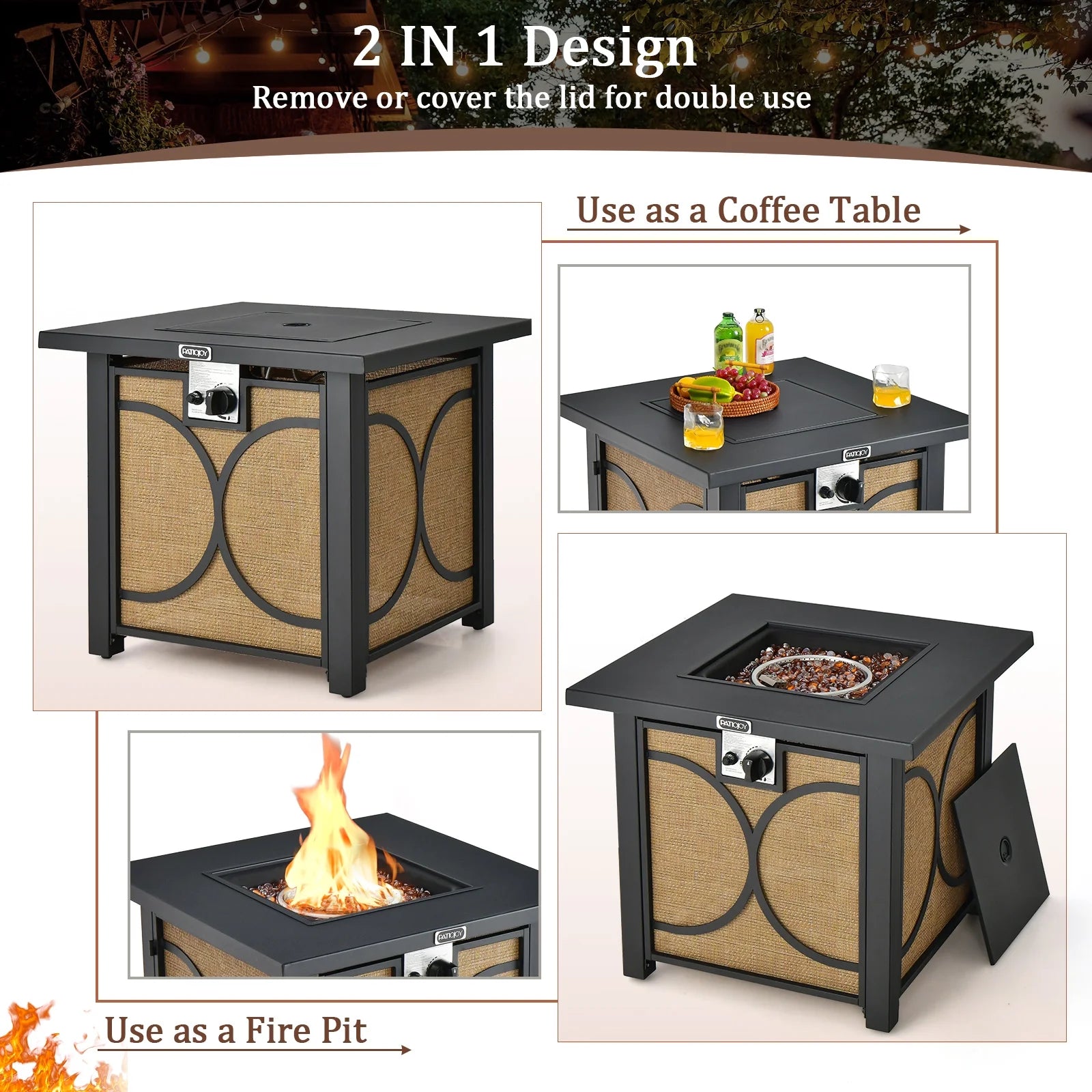 28 Inch Outdoor Square Fire Pit Table 50,000 BTU Propane Gas Fire Table W/ Fire Glasses & PVC Protective Cover