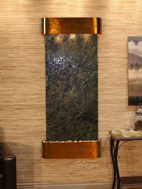 Adagio Inspiration Falls Wall Mounted Water Feature (30” x 69” x 6”) - Green Marble / Rustic Copper