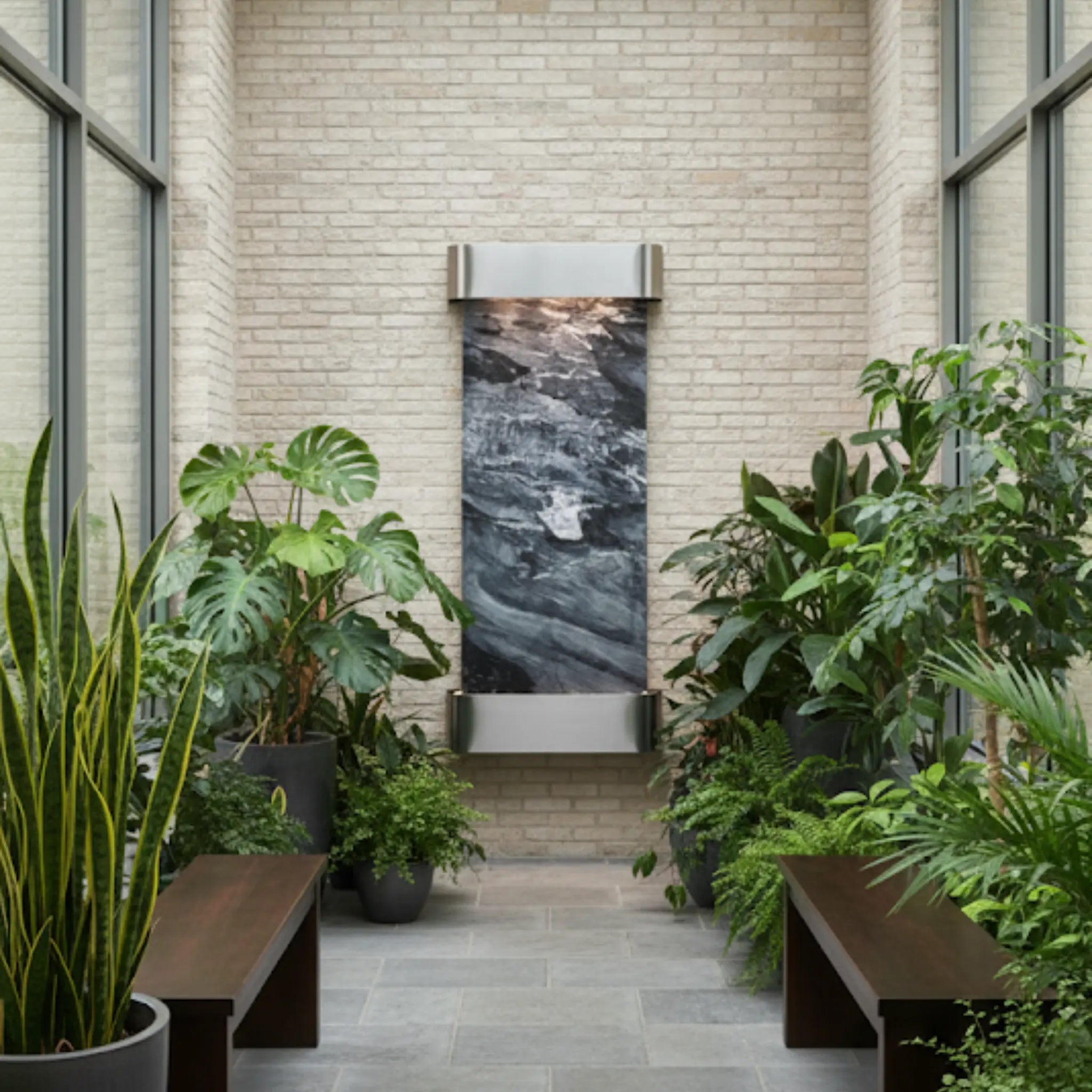 Adagio Inspiration Falls Wall Mounted Water Feature (30” x 69” x 6”) - Black Spider Marble / Stainless Steel