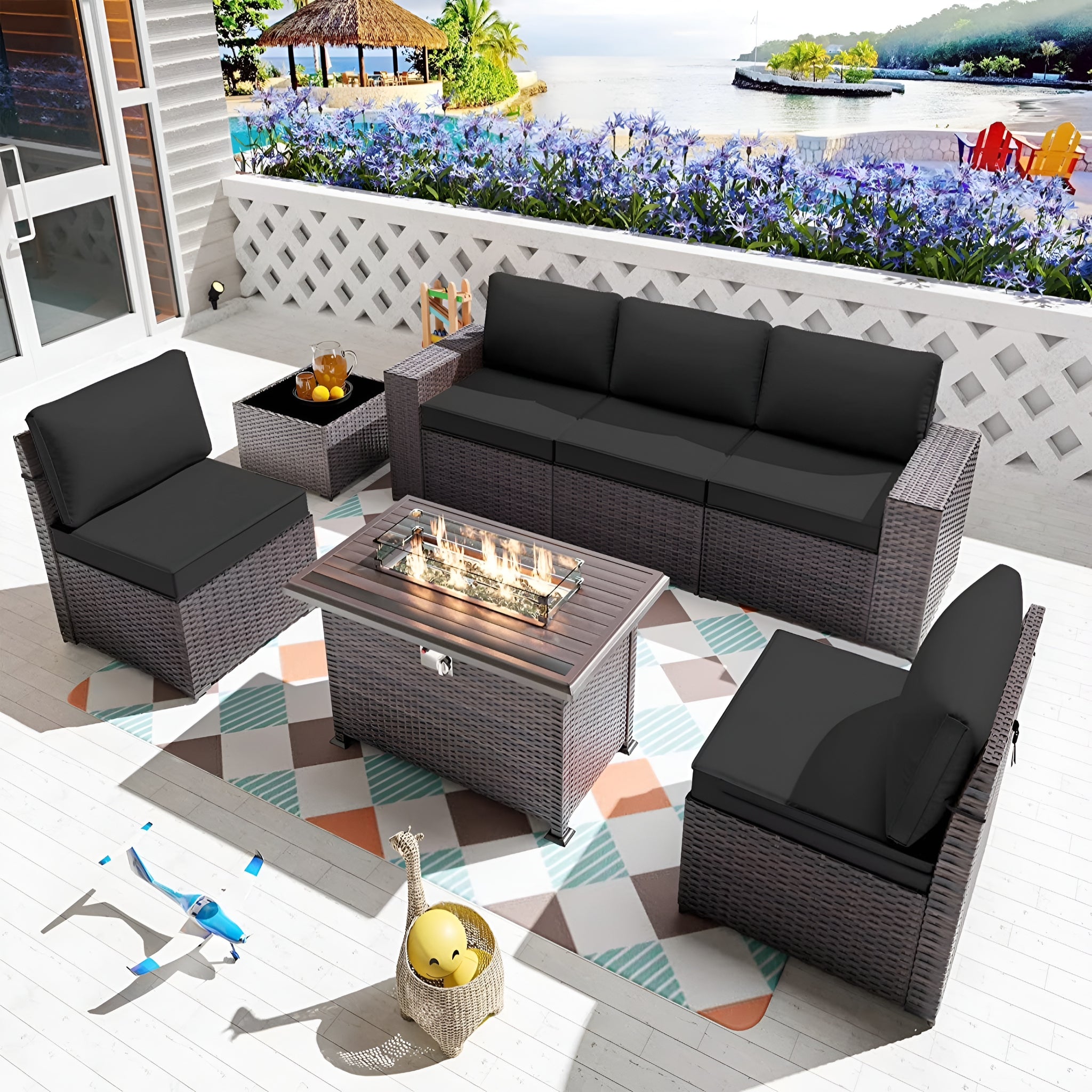 7 Pieces Outdoor Patio Furniture Set with 43" Fire Pit Table Sets Outdoor Furniture Patio Conversation Set (Black)