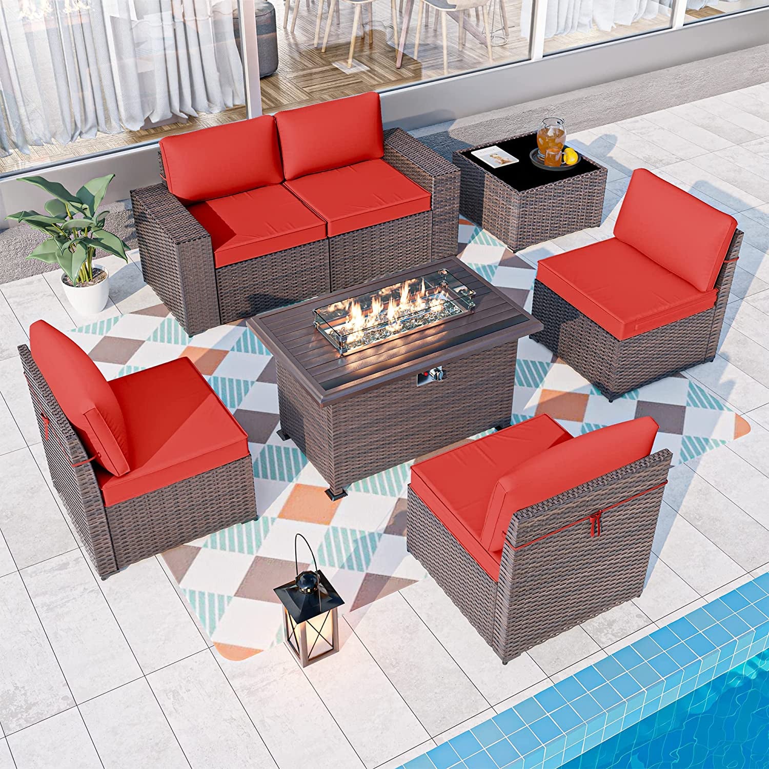 7 Pieces Outdoor Patio Furniture Set with 43" Fire Pit Table Sets Outdoor Furniture Patio Conversation Set (Red)