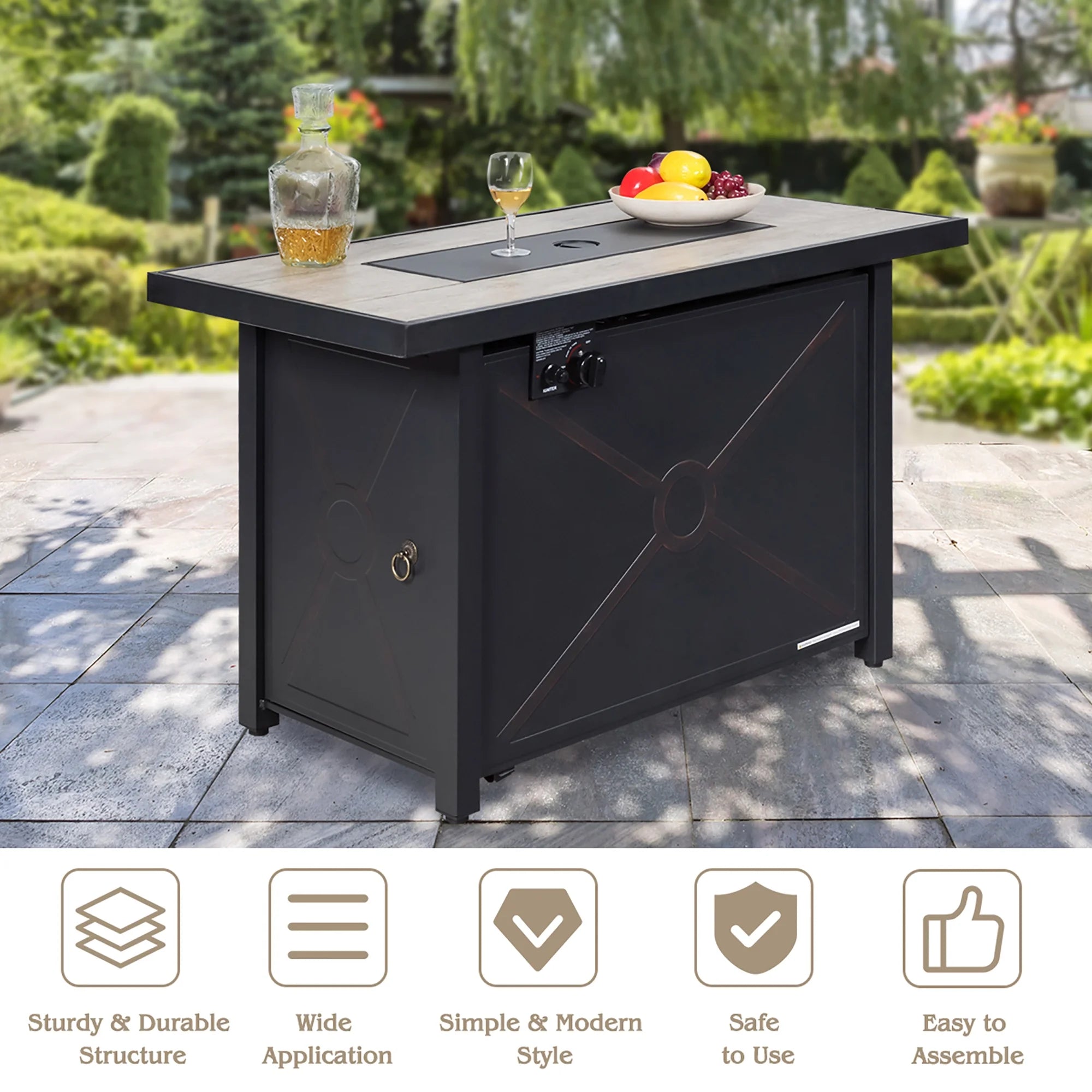60,000 BTU Outdoor Rectangle Gas Fire Table W/ Ceramic Tabletop Ideal for Backyard Poolside