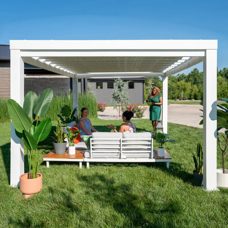 Windham 14' X 10' Modern Galvanized Steel Outdoor Patio Pergola Kit with Shade Sail Canopy and Powerport
