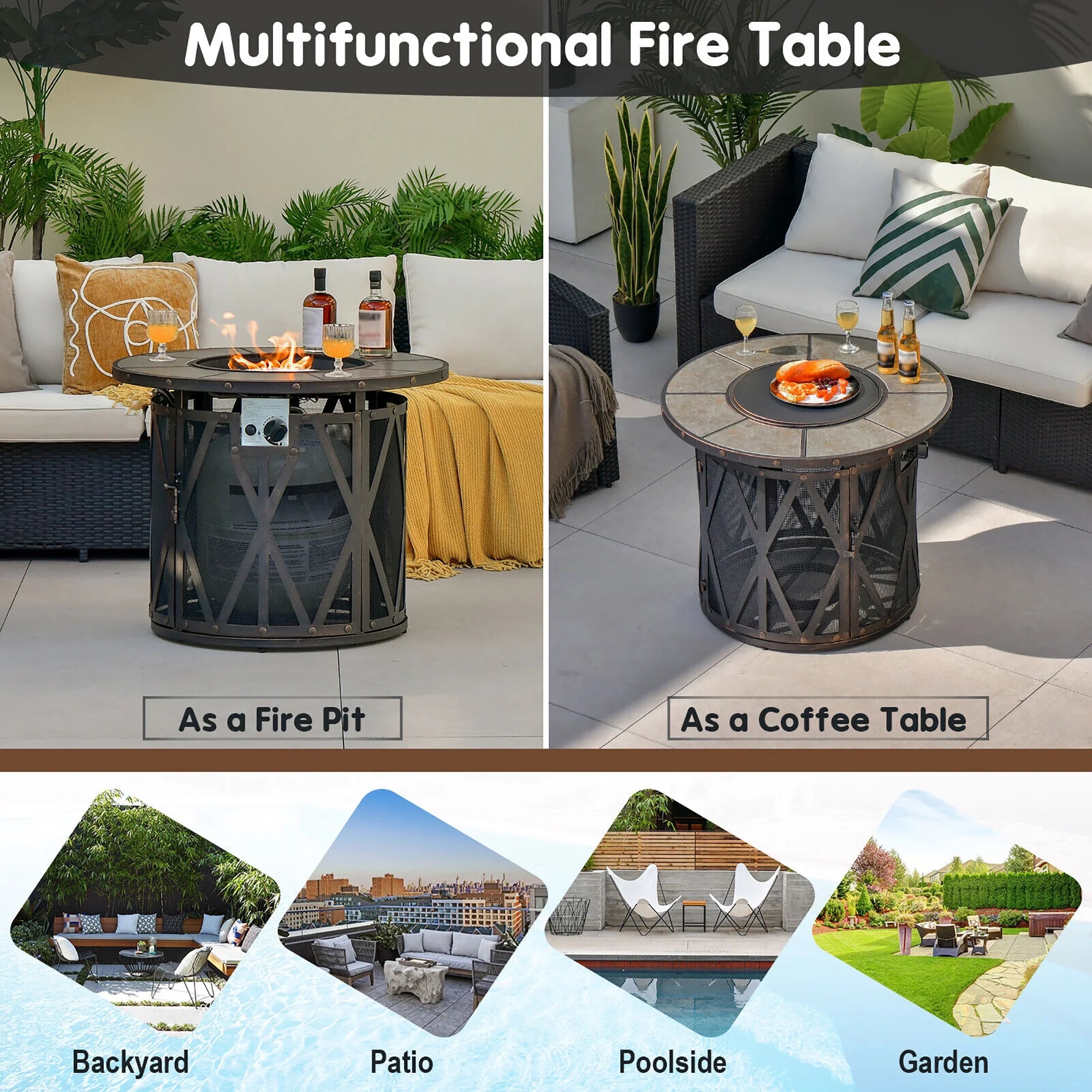 32'' Patio round Fire Pit Table 30,000 BTU Propane Gas Firepit W/ Fire Glasses