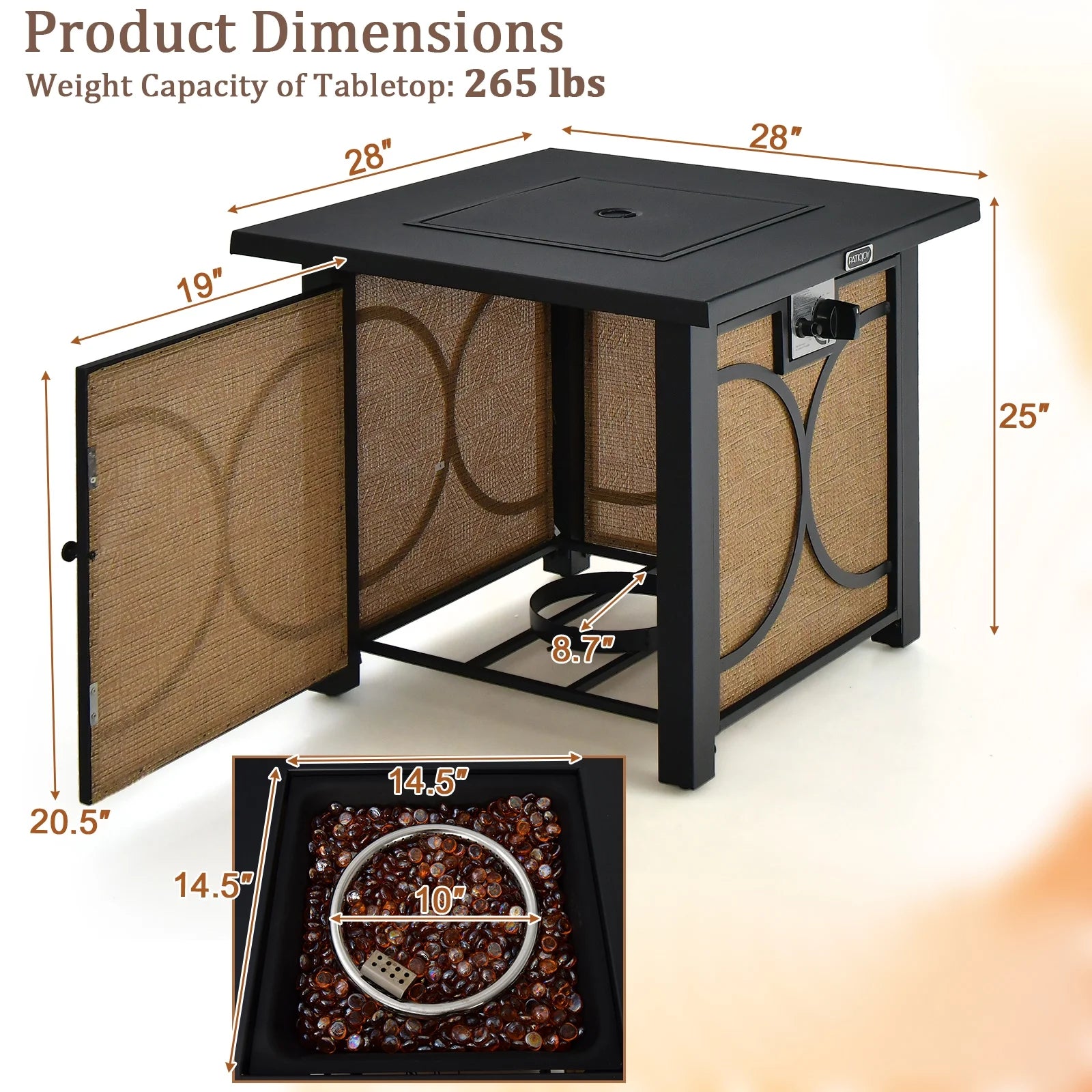 28 Inch Outdoor Square Fire Pit Table 50,000 BTU Propane Gas Fire Table W/ Fire Glasses & PVC Protective Cover