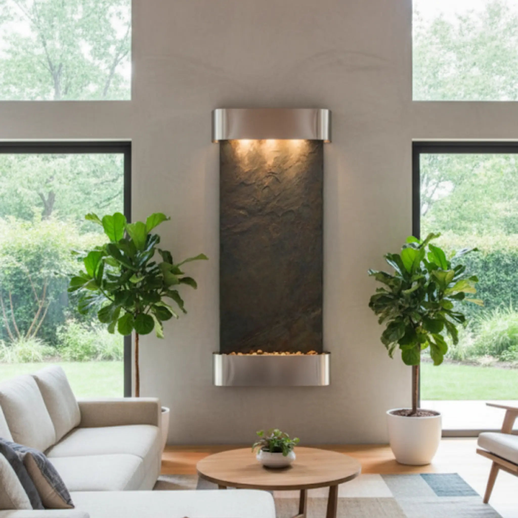 Adagio Inspiration Falls Wall Mounted Water Feature (30” x 69” x 6”) - Green Natural Slate / Stainless Steel