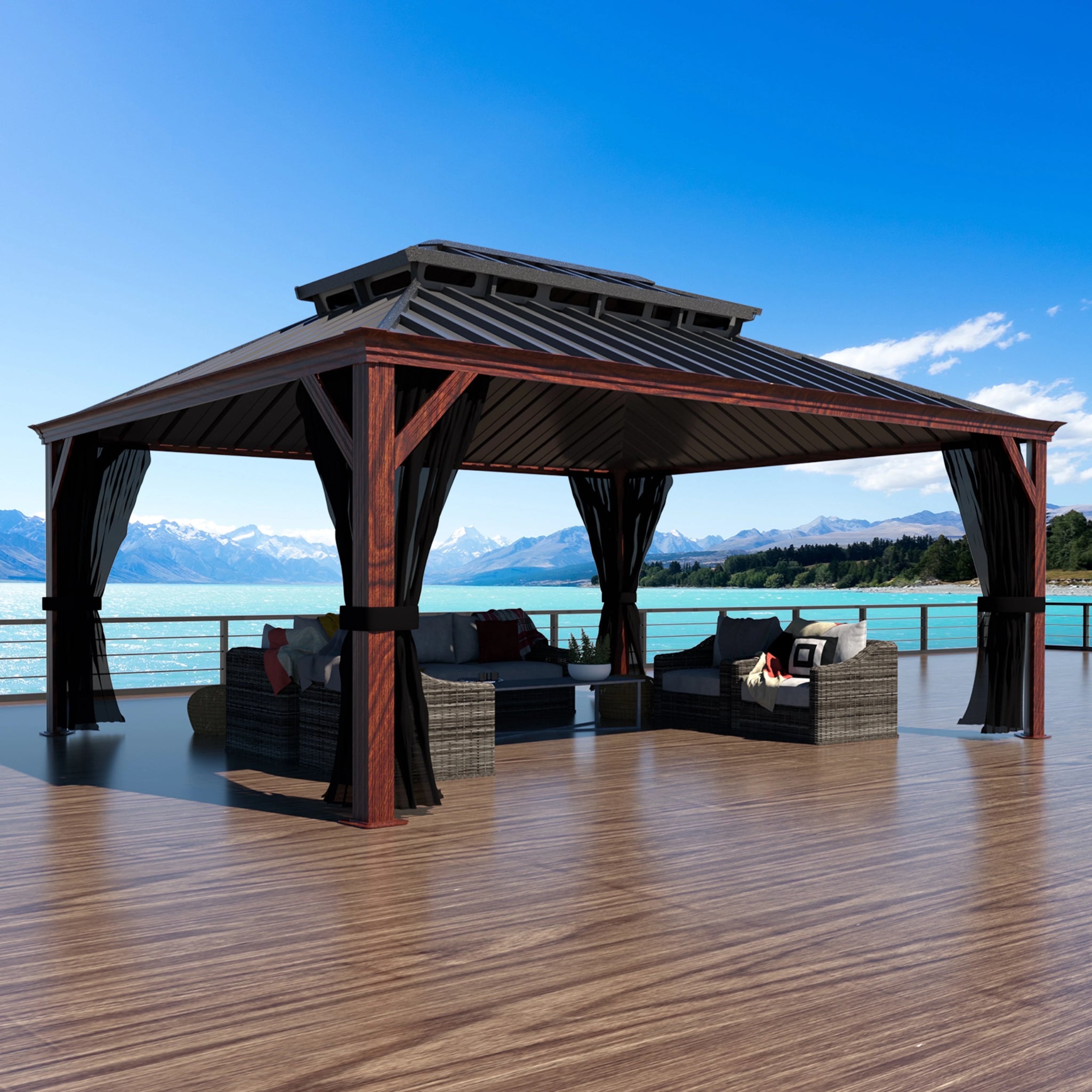 12' X 16' Outdoor Hardtop Gazebo, Wood Grain Gazebo W/Double Metal Roof for Patio, Rustic