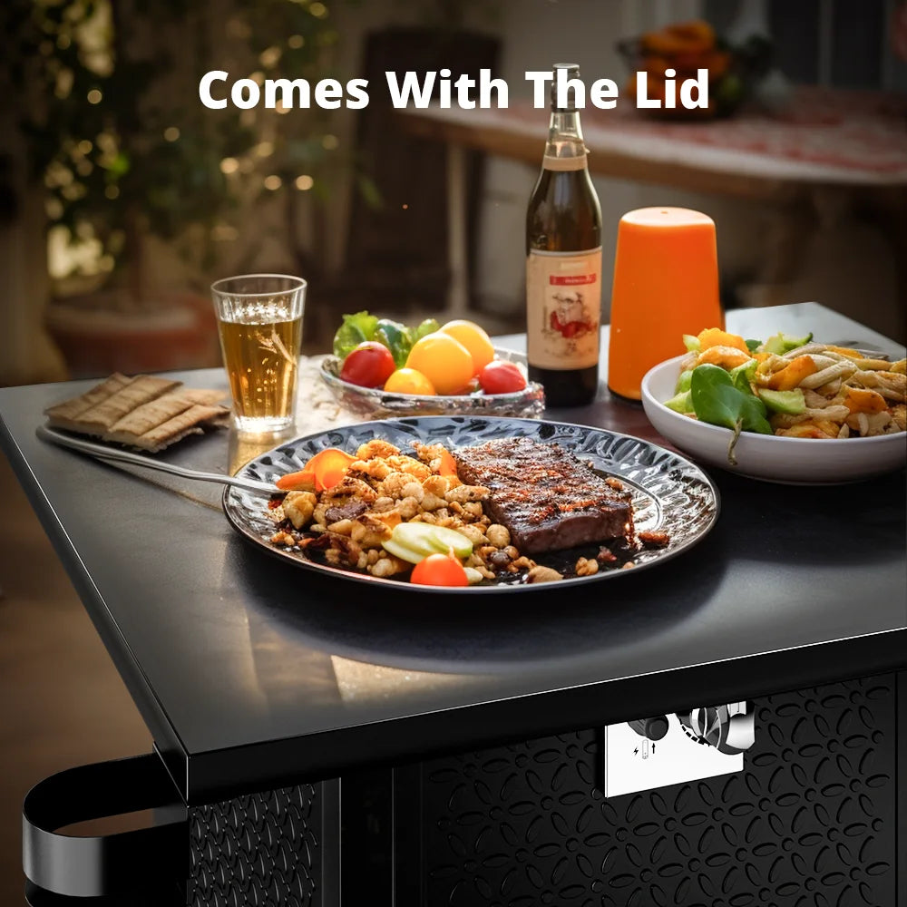 32" Gas Fire Pits with Cup Holders for Outside, 50,000 BTU Propane Fire Pit Table with Lid and Lava Rock, Black