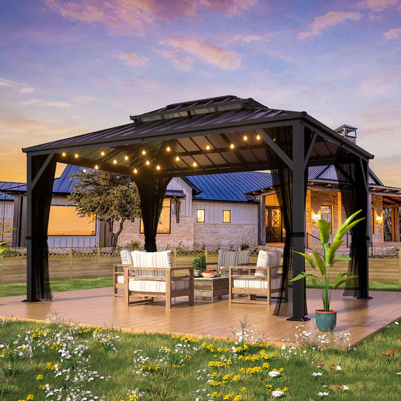 12-Ft X 10-Ft Hardtop Black Gazebo with Hardtop Roof (Screen Included)