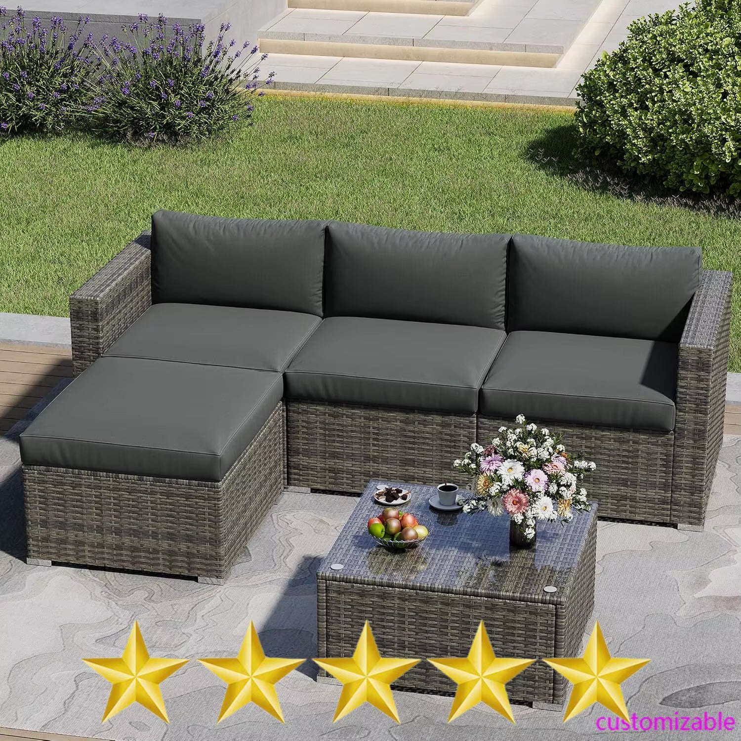 2025New-Outdoor Patio Furniture Set, 5 Piece Patio Conversation Set,Waterproof Wicker Furniture Set,All Weather Combination
