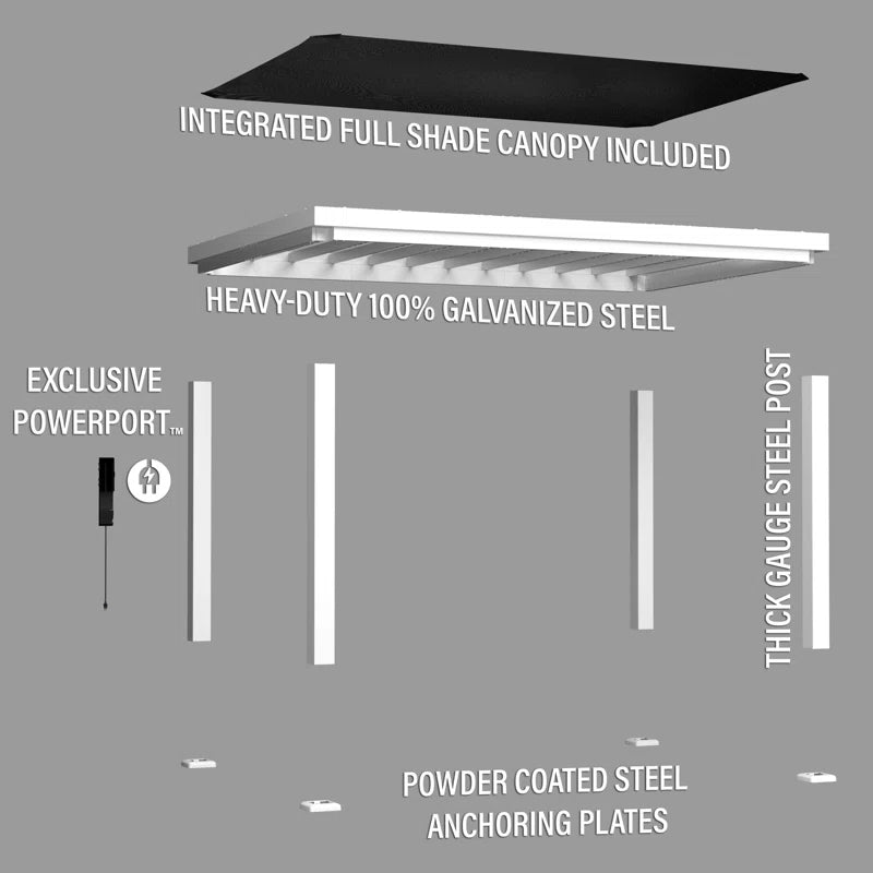 Windham 14' X 10' Modern Galvanized Steel Outdoor Patio Pergola Kit with Shade Sail Canopy and Powerport