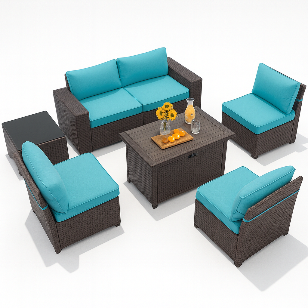 7 Pieces Outdoor Patio Furniture Set with 43" Fire Pit Table Sets Outdoor Furniture Patio Conversation Set (Blue)