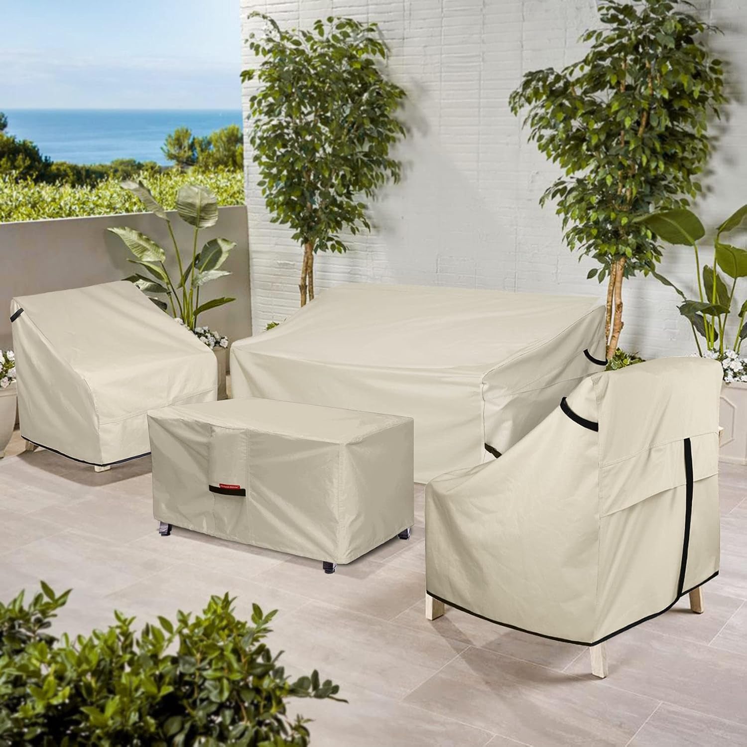 Patio Fire Pit Cover - Waterproof 600D Outdoor Rectangular Fire Table Cover Deck Box Protector - 48 X 28 Inch, Beige