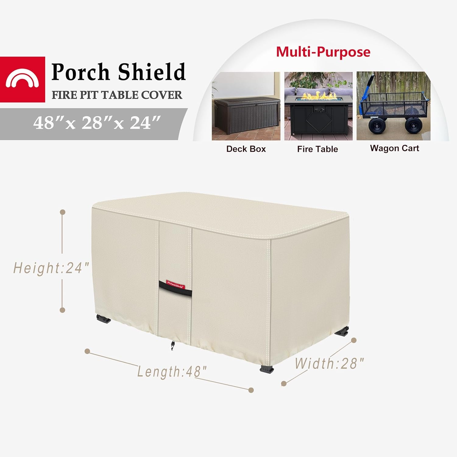 Patio Fire Pit Cover - Waterproof 600D Outdoor Rectangular Fire Table Cover Deck Box Protector - 48 X 28 Inch, Beige