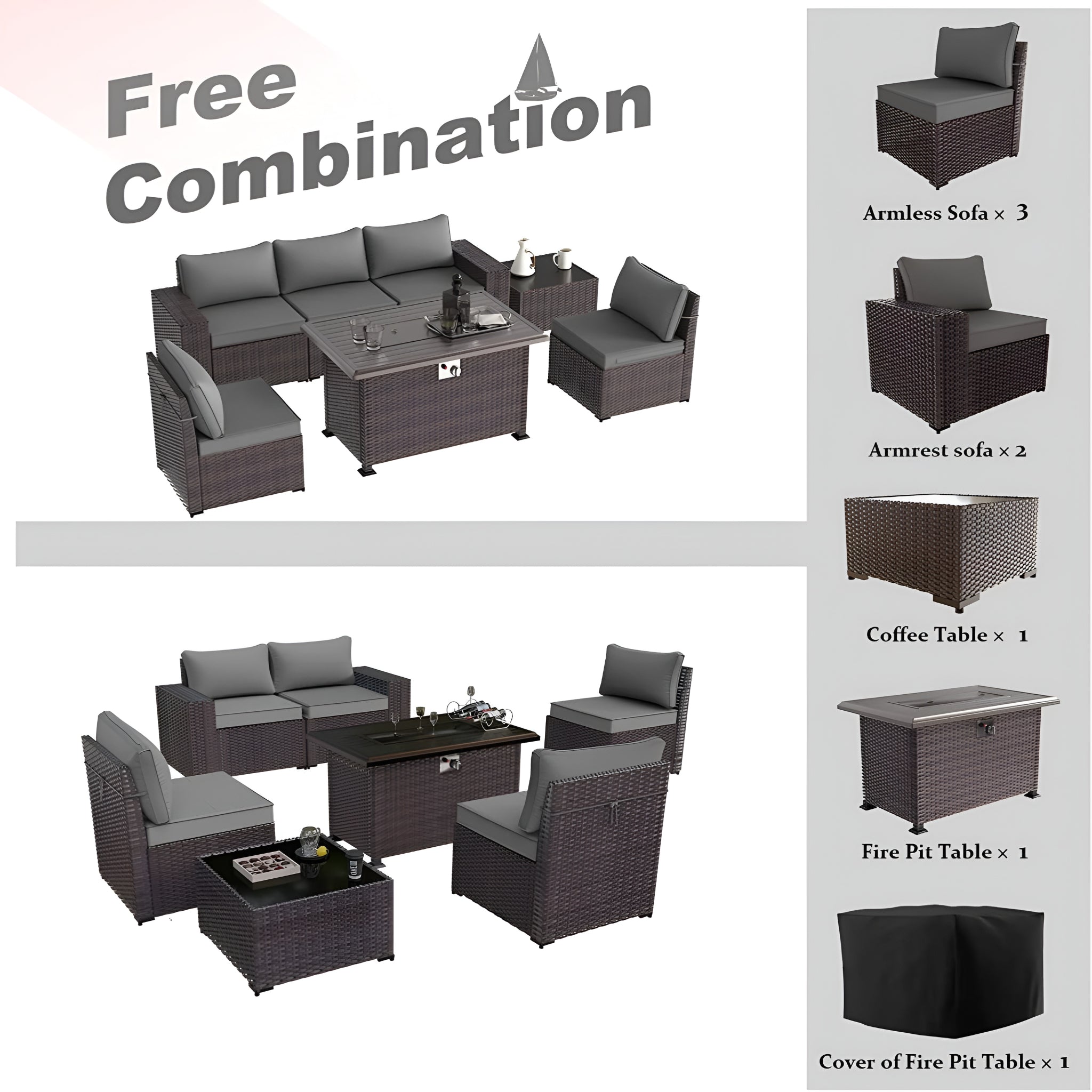 7 Pieces Outdoor Patio Furniture Set with 43" Fire Pit Table Sets Outdoor Furniture Patio Conversation Set (Grey)