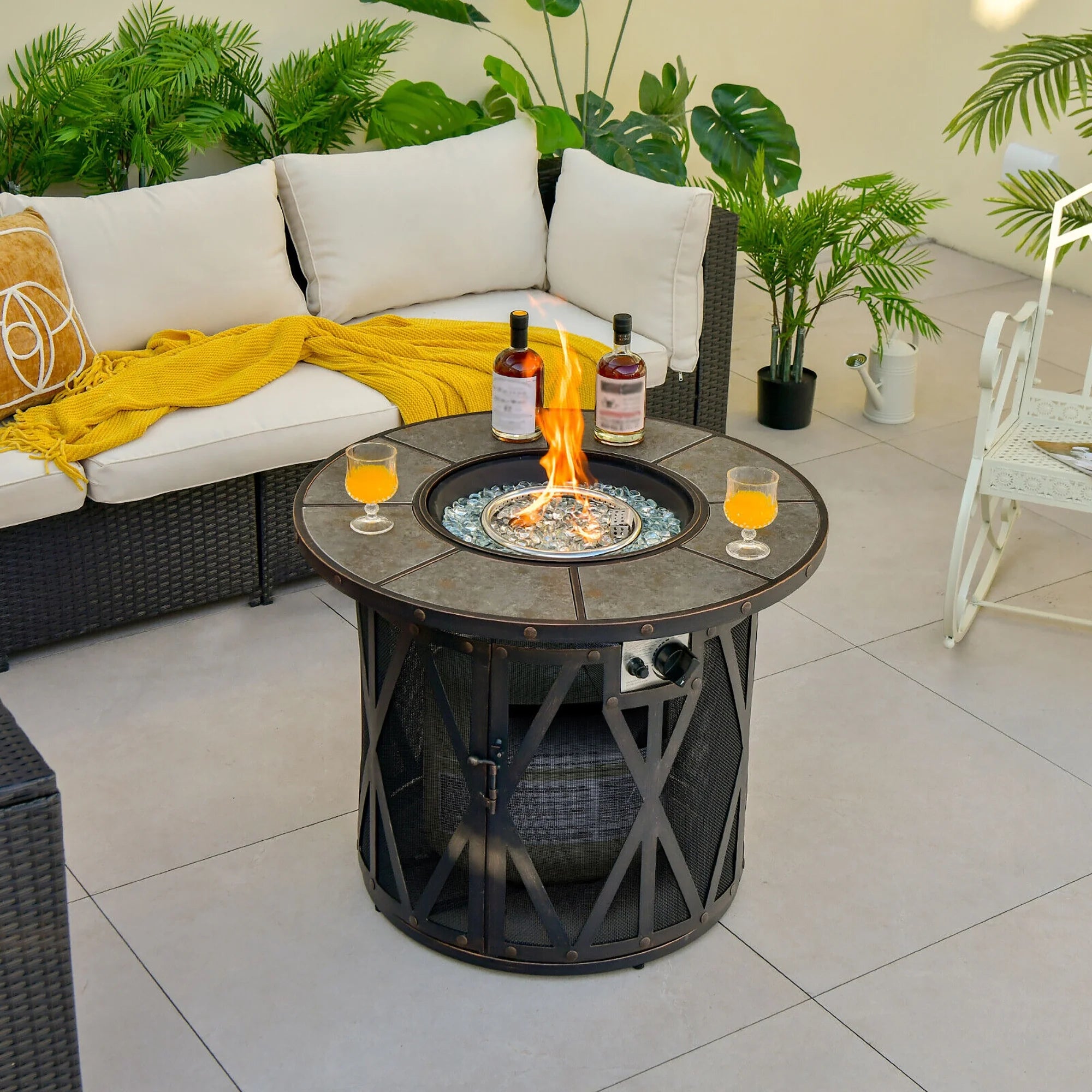 32'' Patio round Fire Pit Table 30,000 BTU Propane Gas Firepit W/ Fire Glasses