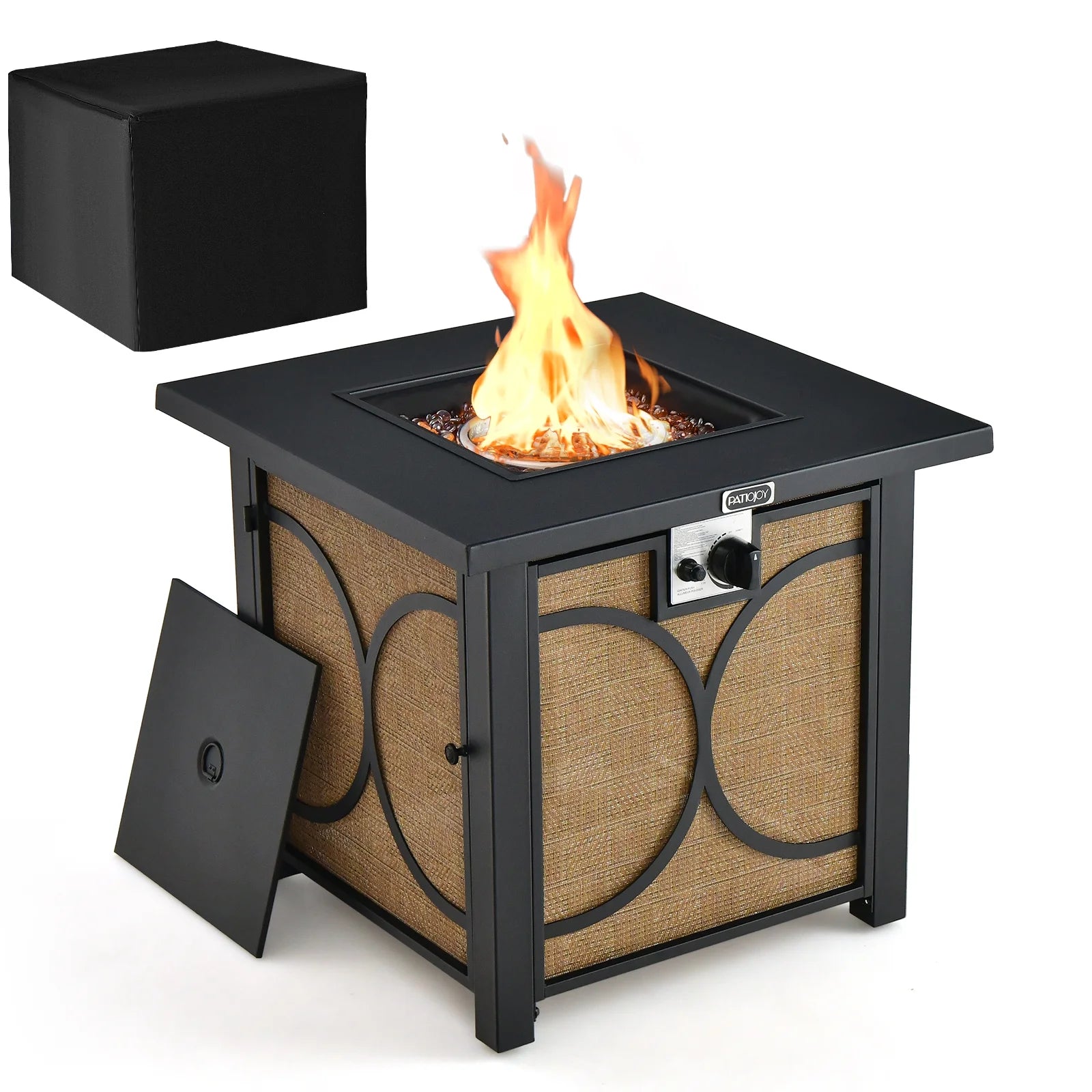 28 Inch Outdoor Square Fire Pit Table 50,000 BTU Propane Gas Fire Table W/ Fire Glasses & PVC Protective Cover