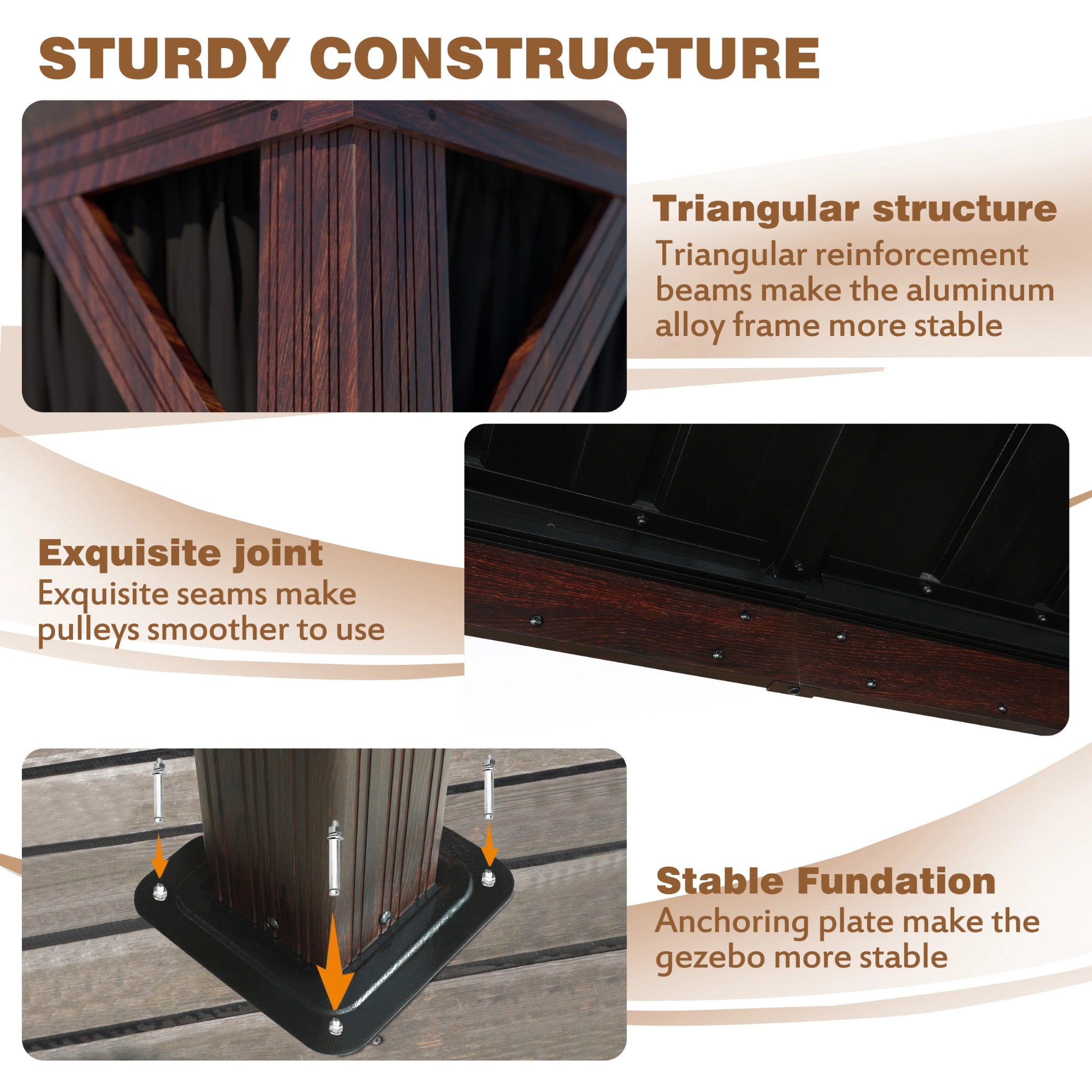 12' X 16' Outdoor Hardtop Gazebo, Wood Grain Gazebo W/Double Metal Roof for Patio, Rustic