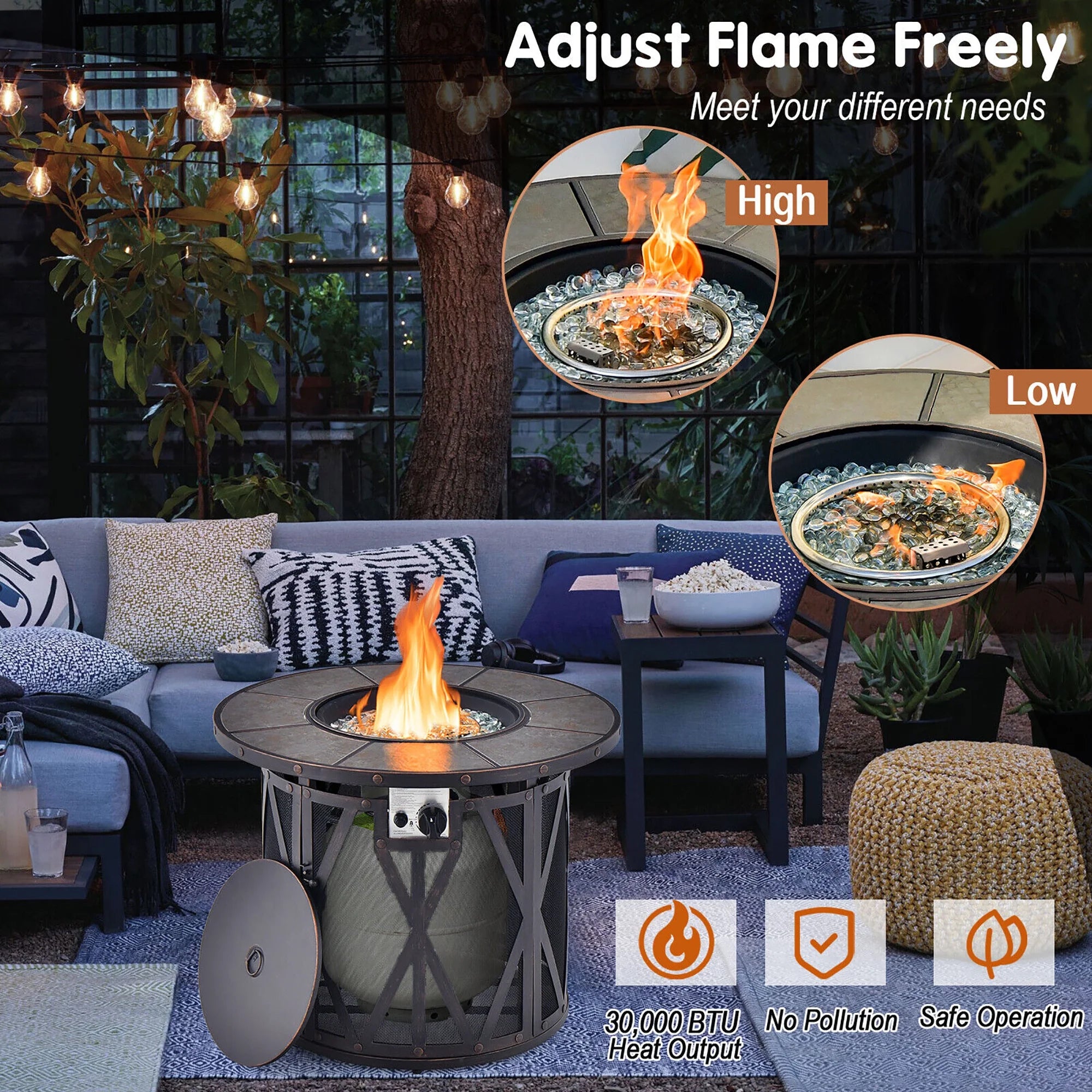 32'' Patio round Fire Pit Table 30,000 BTU Propane Gas Firepit W/ Fire Glasses