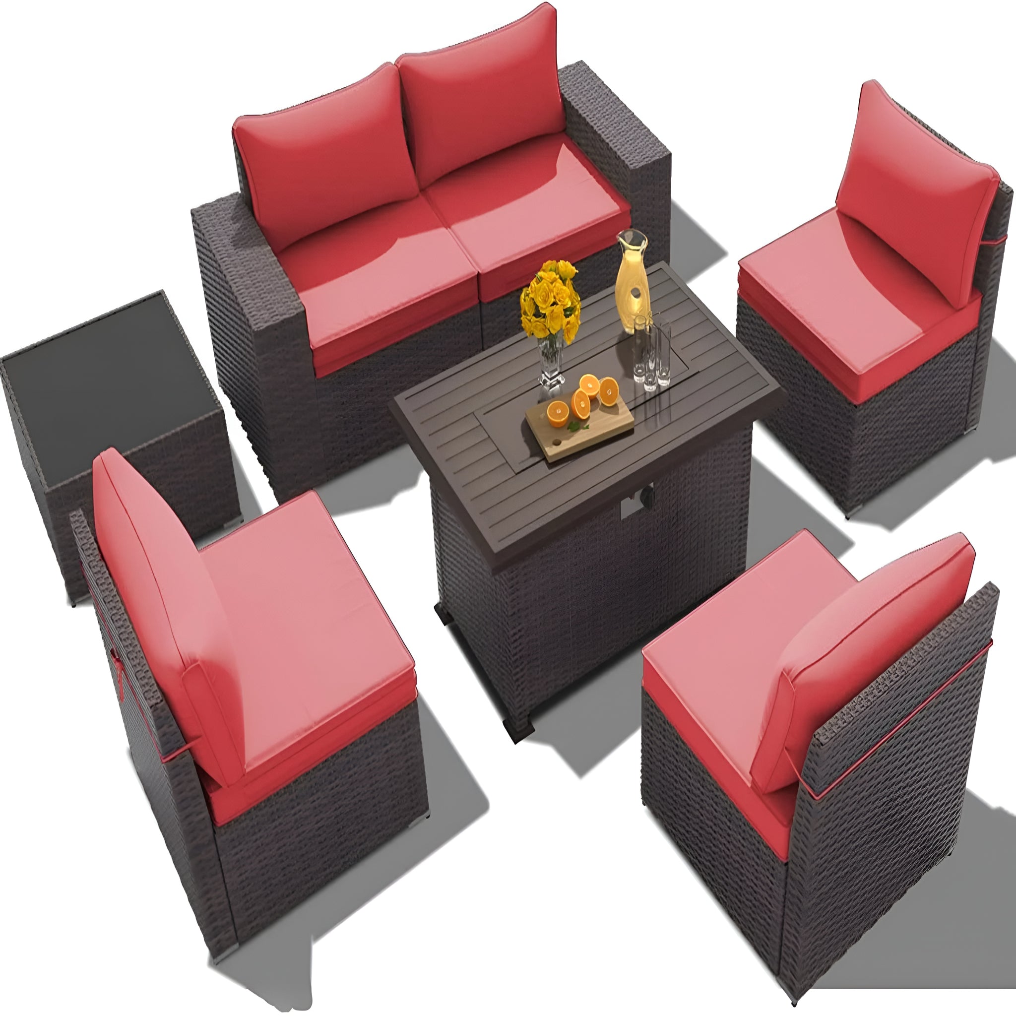 7 Pieces Outdoor Patio Furniture Set with 43" Fire Pit Table Sets Outdoor Furniture Patio Conversation Set (Red)