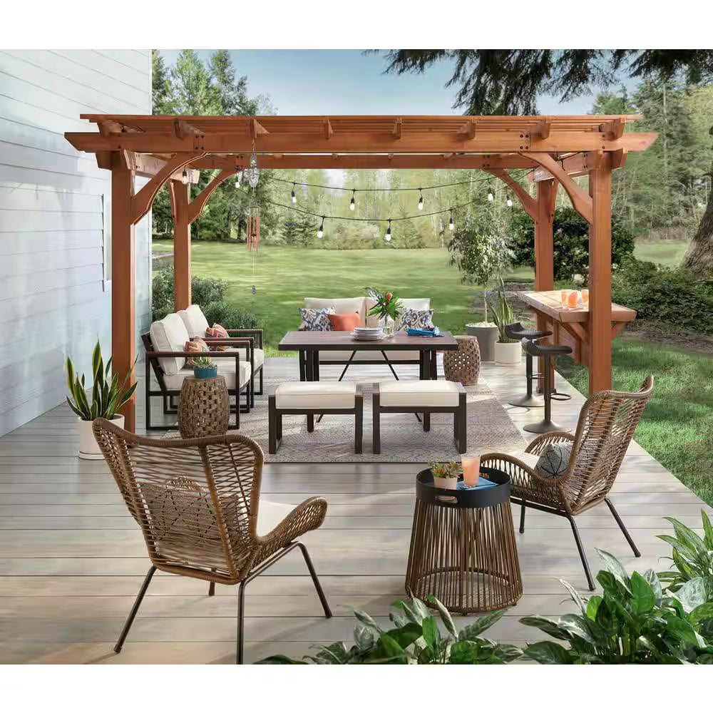Ashland 10 Ft. X 14 Ft. All Cedar Wood Outdoor Pergola Shade Structure with Bar and Electric