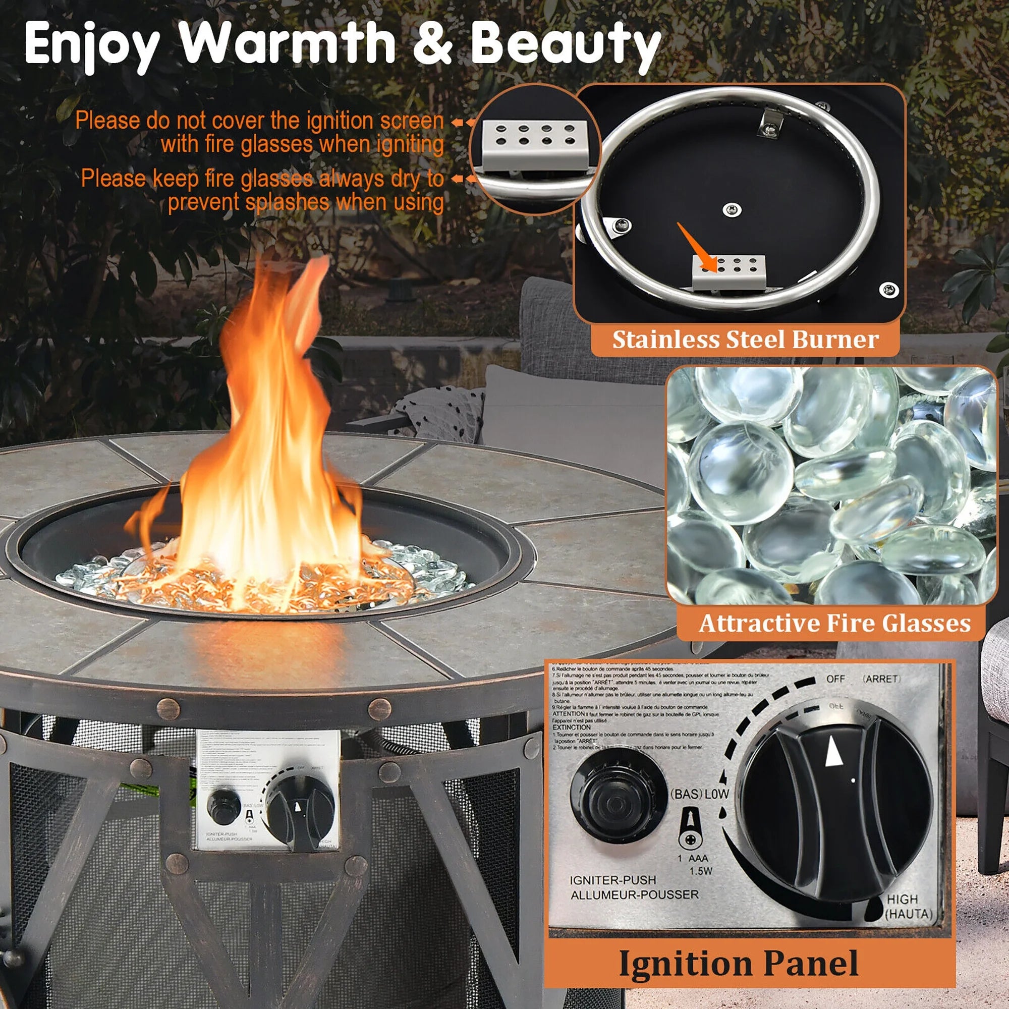 32'' Patio round Fire Pit Table 30,000 BTU Propane Gas Firepit W/ Fire Glasses