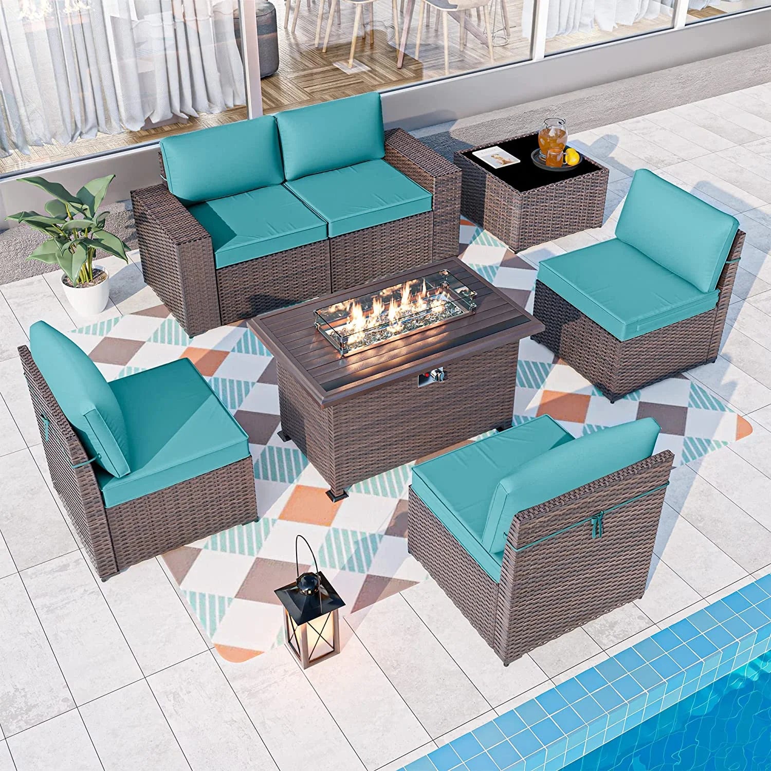 7 Pieces Outdoor Patio Furniture Set with 43" Fire Pit Table Sets Outdoor Furniture Patio Conversation Set (Blue)