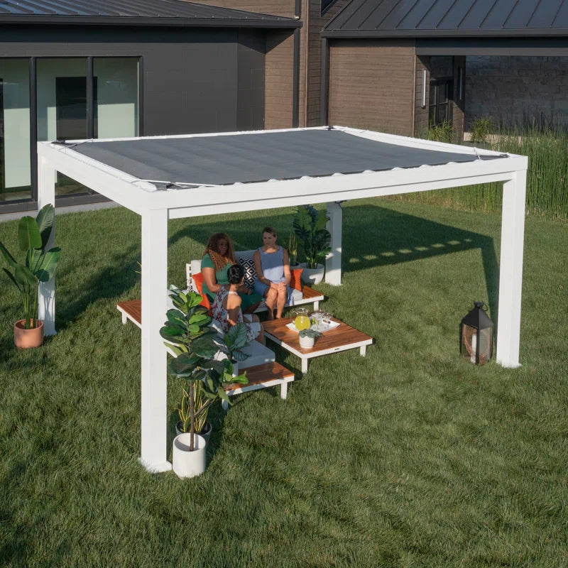 Windham 14' X 10' Modern Galvanized Steel Outdoor Patio Pergola Kit with Shade Sail Canopy and Powerport