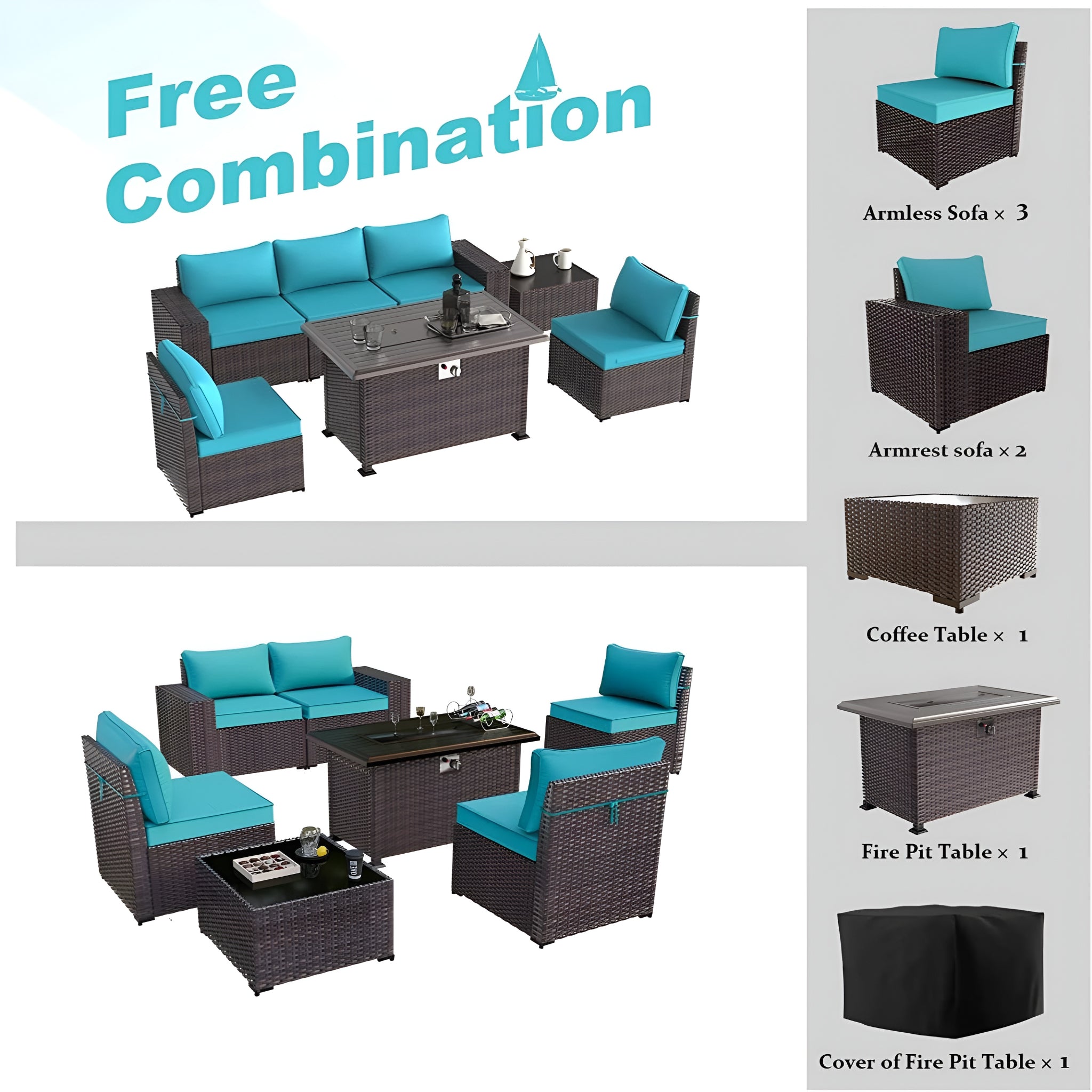 7 Pieces Outdoor Patio Furniture Set with 43" Fire Pit Table Sets Outdoor Furniture Patio Conversation Set (Blue)