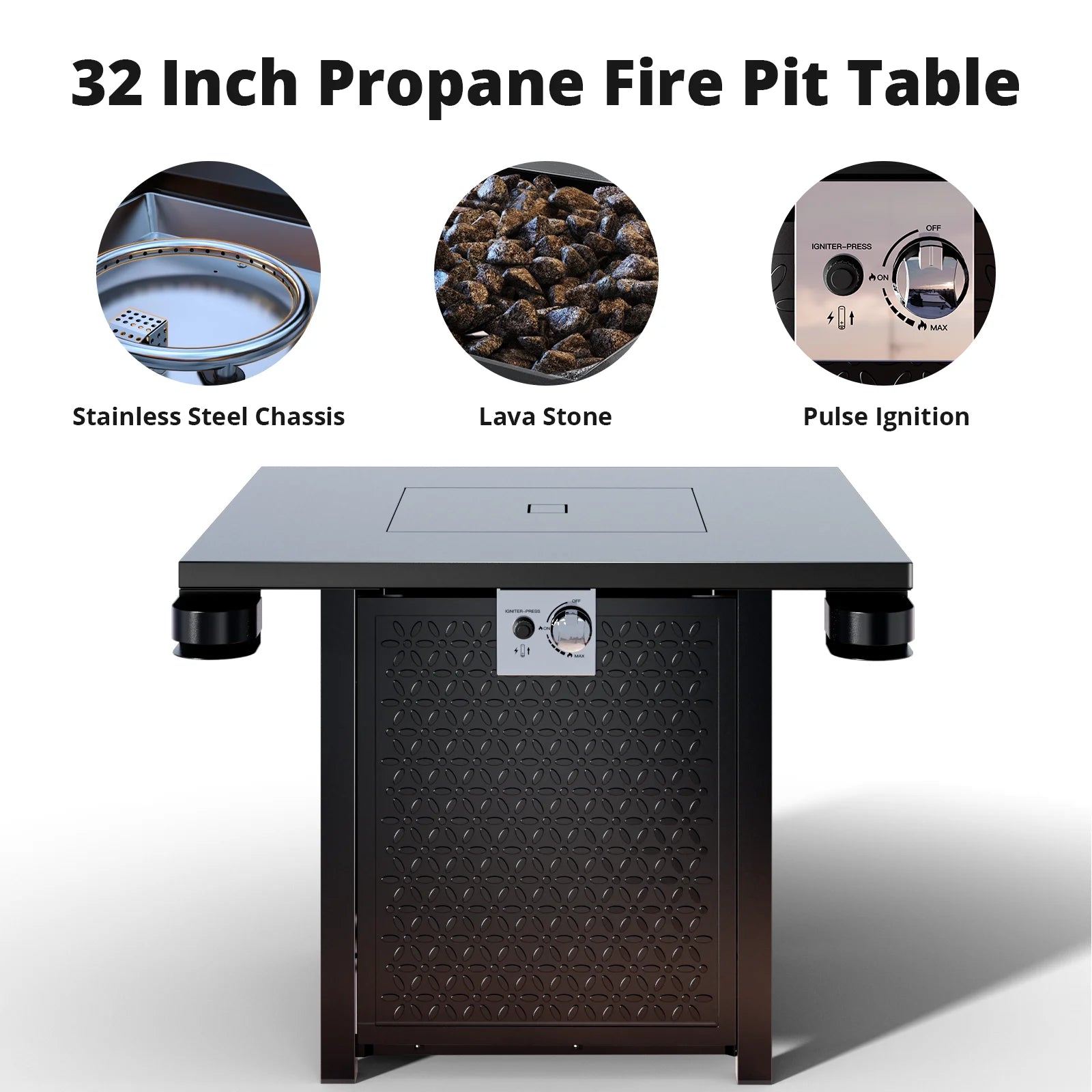 32" Gas Fire Pits with Cup Holders for Outside, 50,000 BTU Propane Fire Pit Table with Lid and Lava Rock, Black