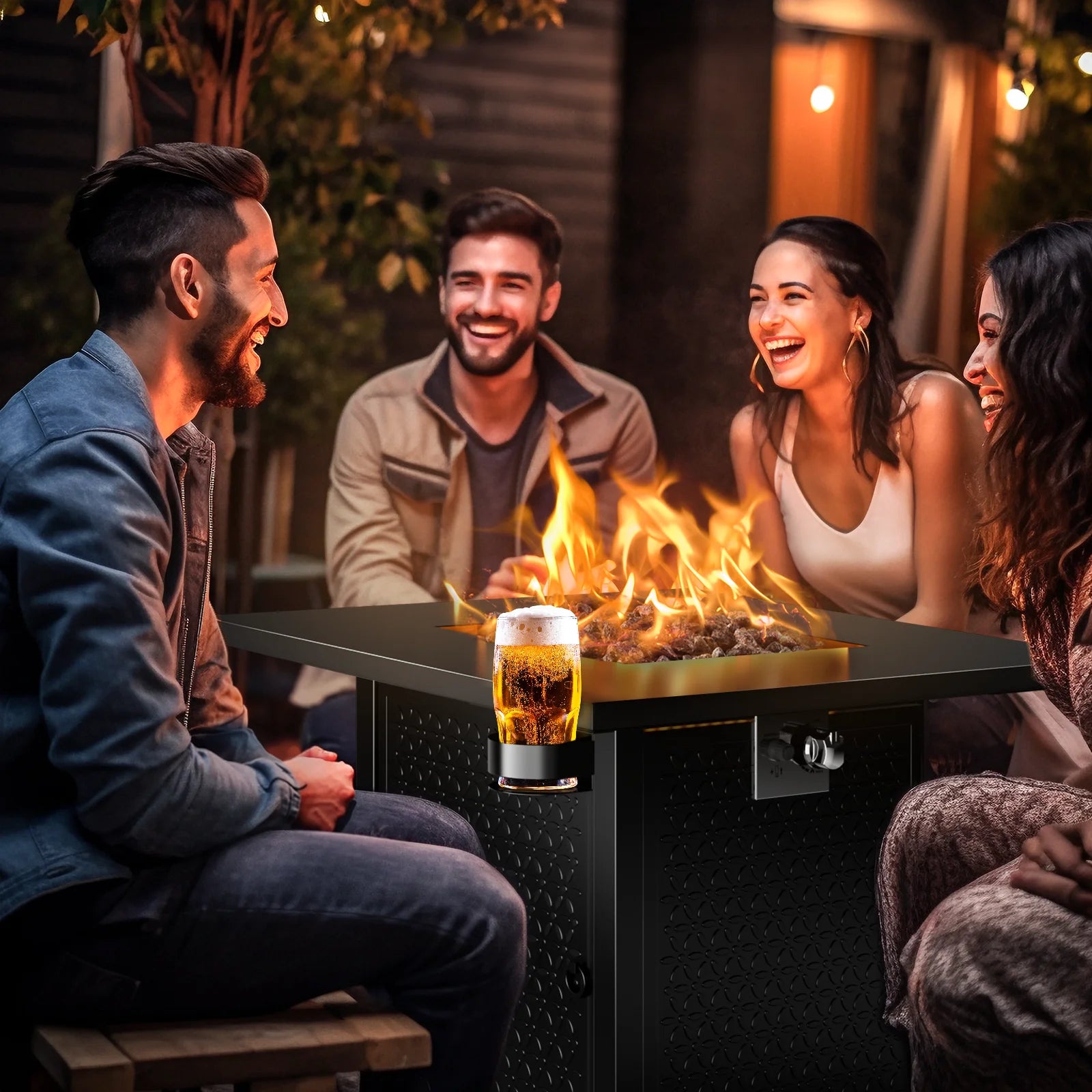 32" Gas Fire Pits with Cup Holders for Outside, 50,000 BTU Propane Fire Pit Table with Lid and Lava Rock, Black