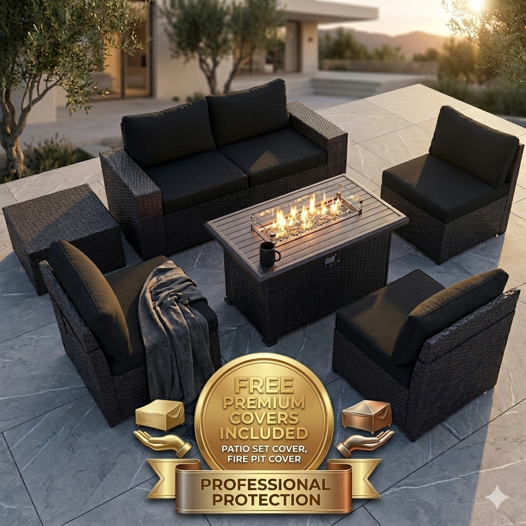 7 Pieces Outdoor Patio Furniture Set with 43" Fire Pit Table