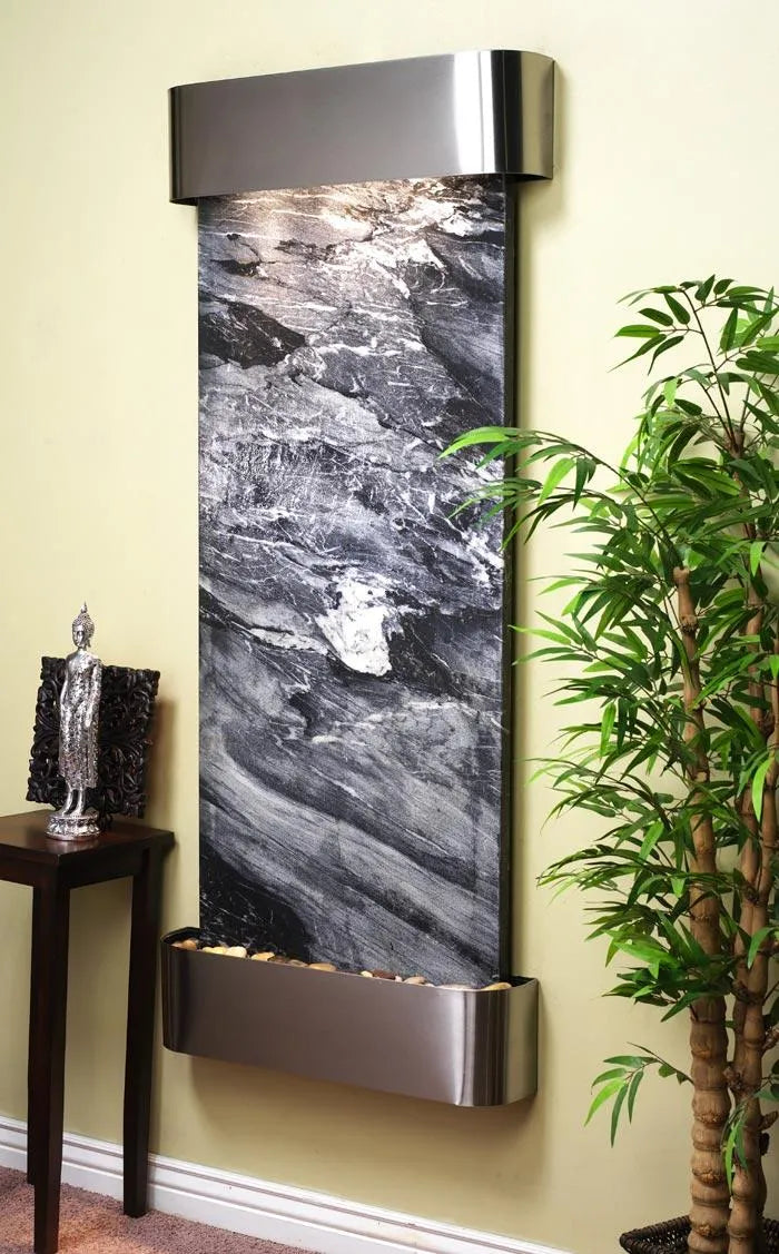 Adagio Inspiration Falls Wall Mounted Water Feature (30” x 69” x 6”) - Black Spider Marble / Stainless Steel