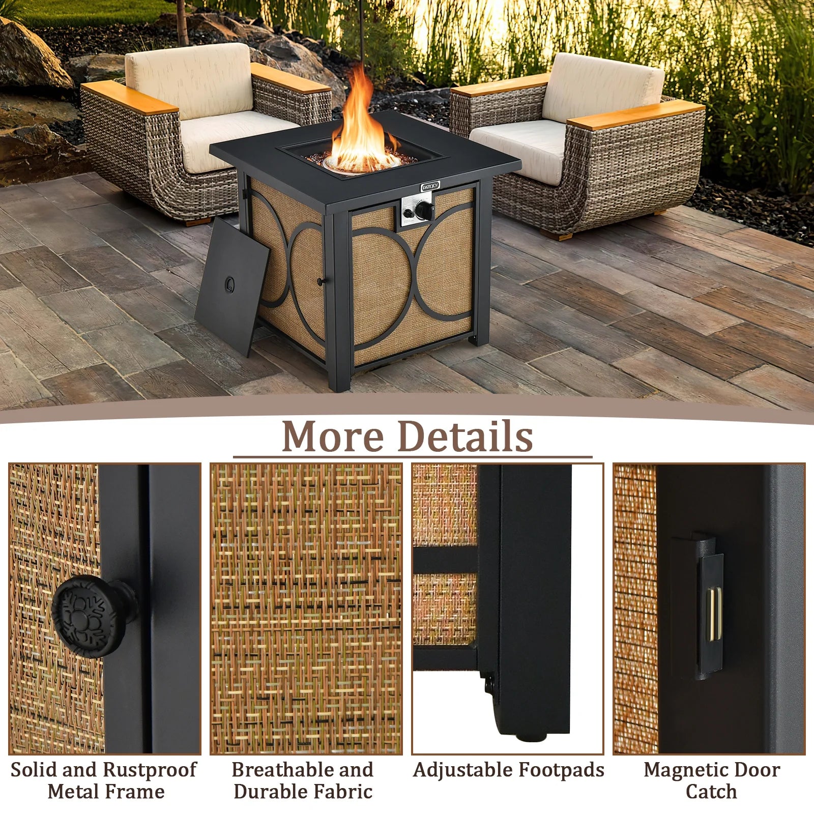 28 Inch Outdoor Square Fire Pit Table 50,000 BTU Propane Gas Fire Table W/ Fire Glasses & PVC Protective Cover