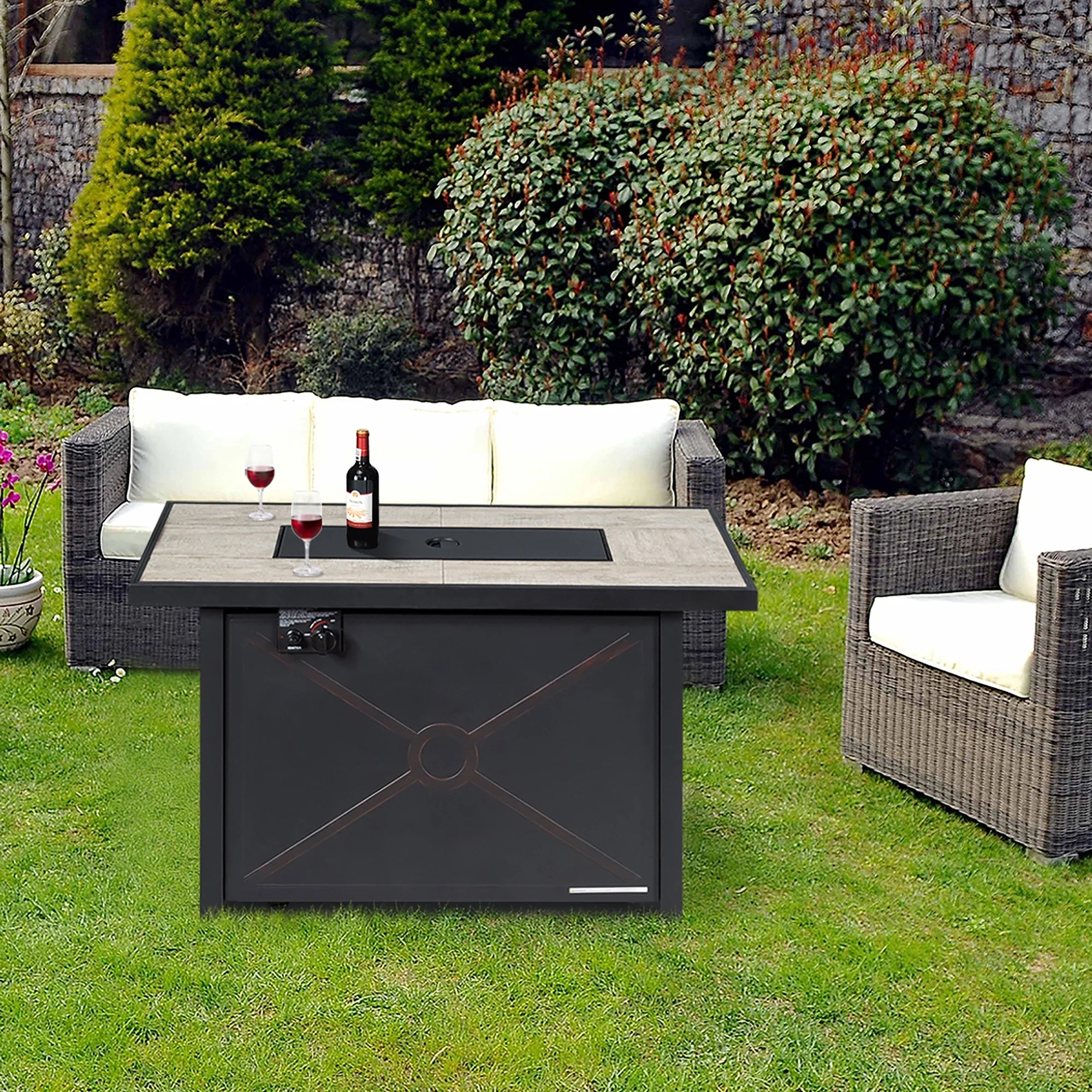 60,000 BTU Outdoor Rectangle Gas Fire Table W/ Ceramic Tabletop Ideal for Backyard Poolside