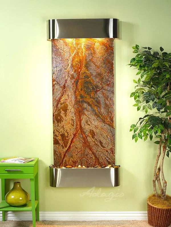 Adagio Inspiration Falls Wall Mounted Water Feature (30” x 69” x 6”) - Brown Marble / Stainless Steel
