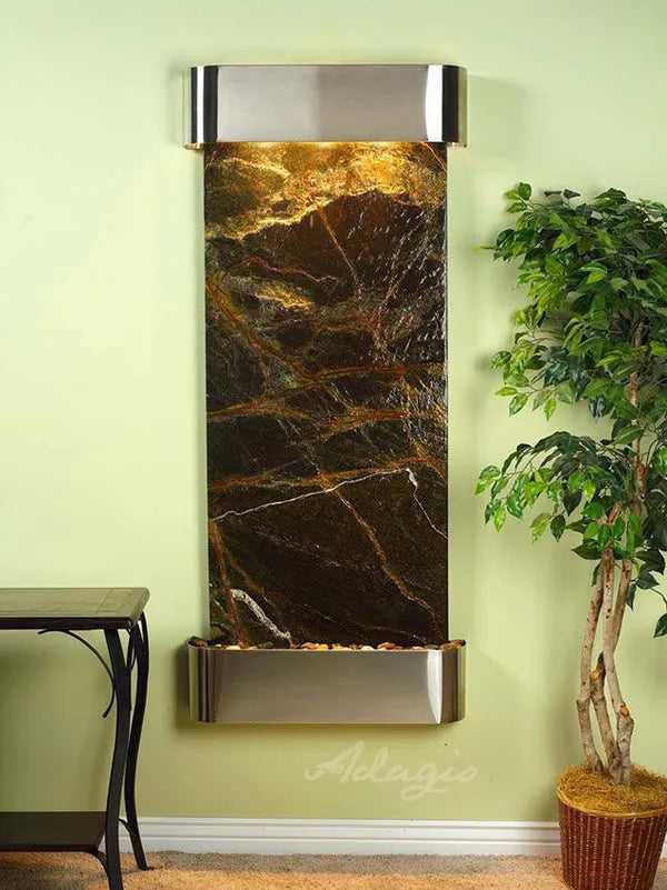 Adagio Inspiration Falls Wall Mounted Water Feature (30” x 69” x 6”) - Green Marble / Stainless Steel