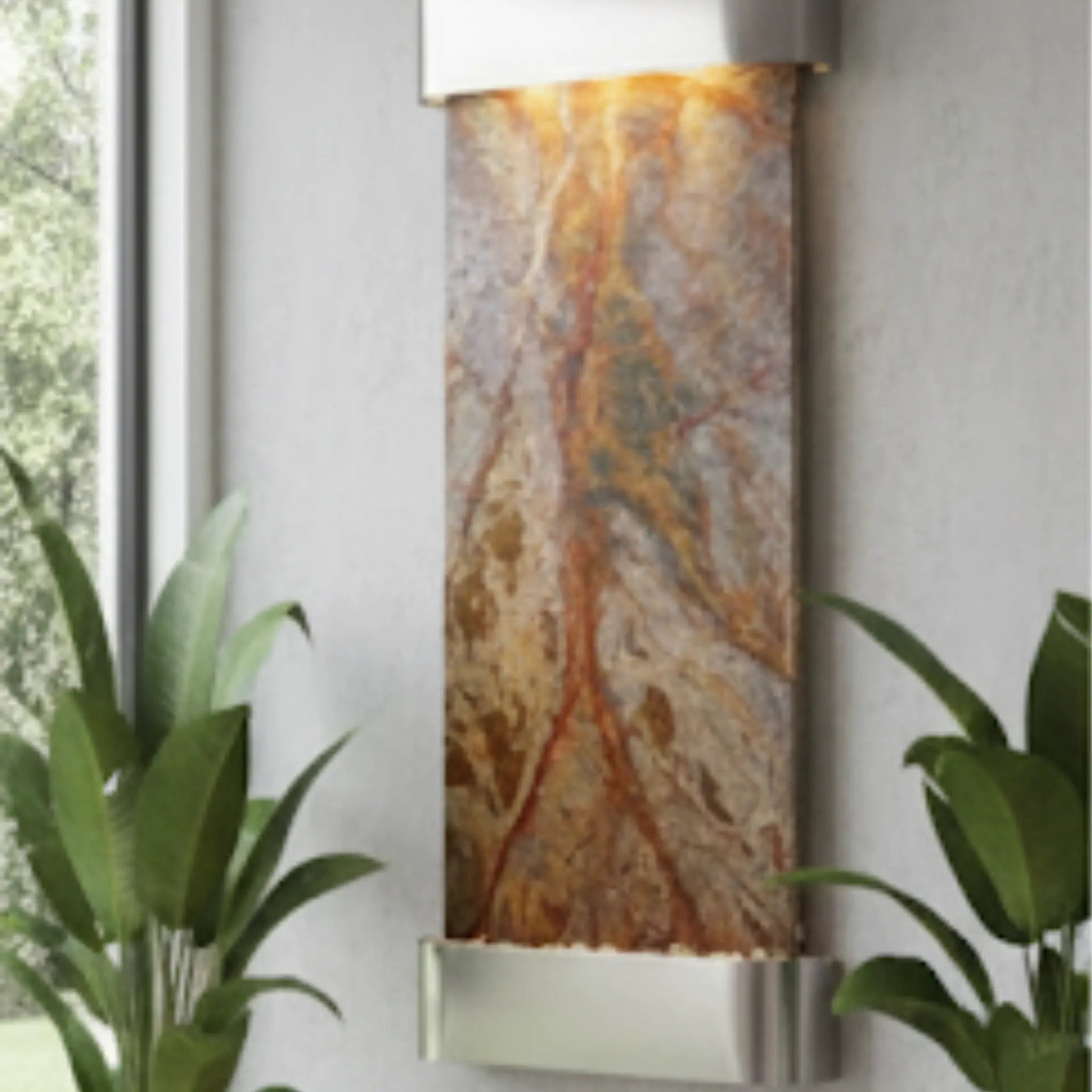 Adagio Inspiration Falls Wall Mounted Water Feature (30” x 69” x 6”) - Brown Marble / Stainless Steel